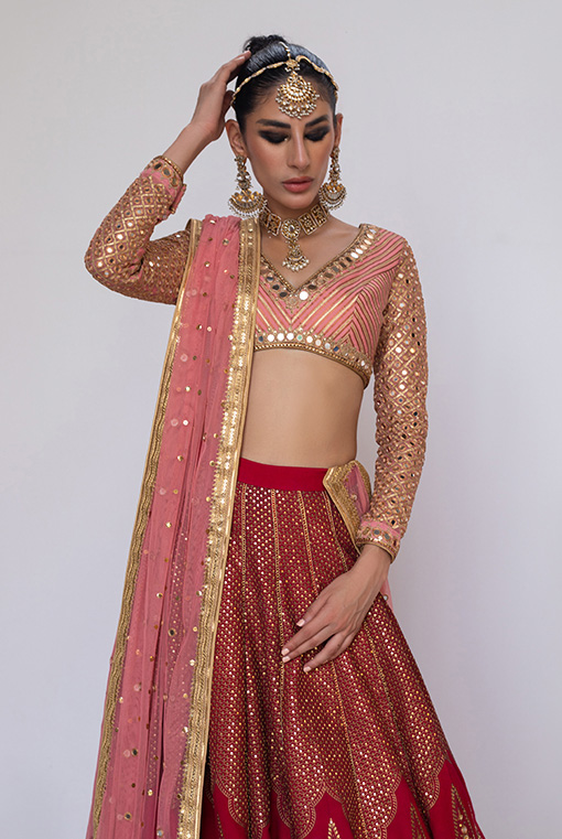 Rose Pink and Deep Red Embroidered Raw Silk Lehenga (3-Piece) - Image 2