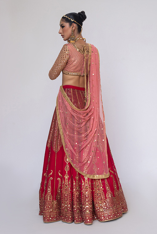 Rose Pink and Deep Red Embroidered Raw Silk Lehenga (3-Piece) - Image 3