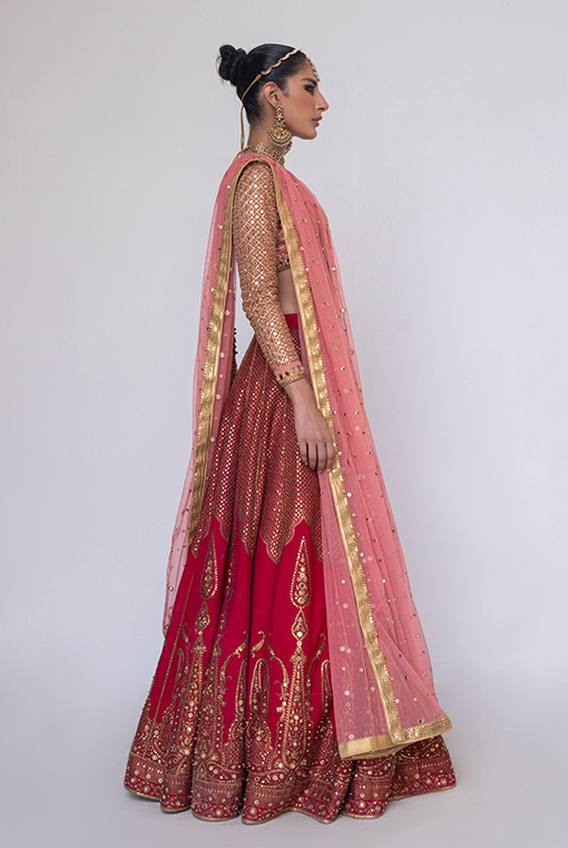 Rose Pink and Deep Red Embroidered Raw Silk Lehenga (3-Piece) - Image 4