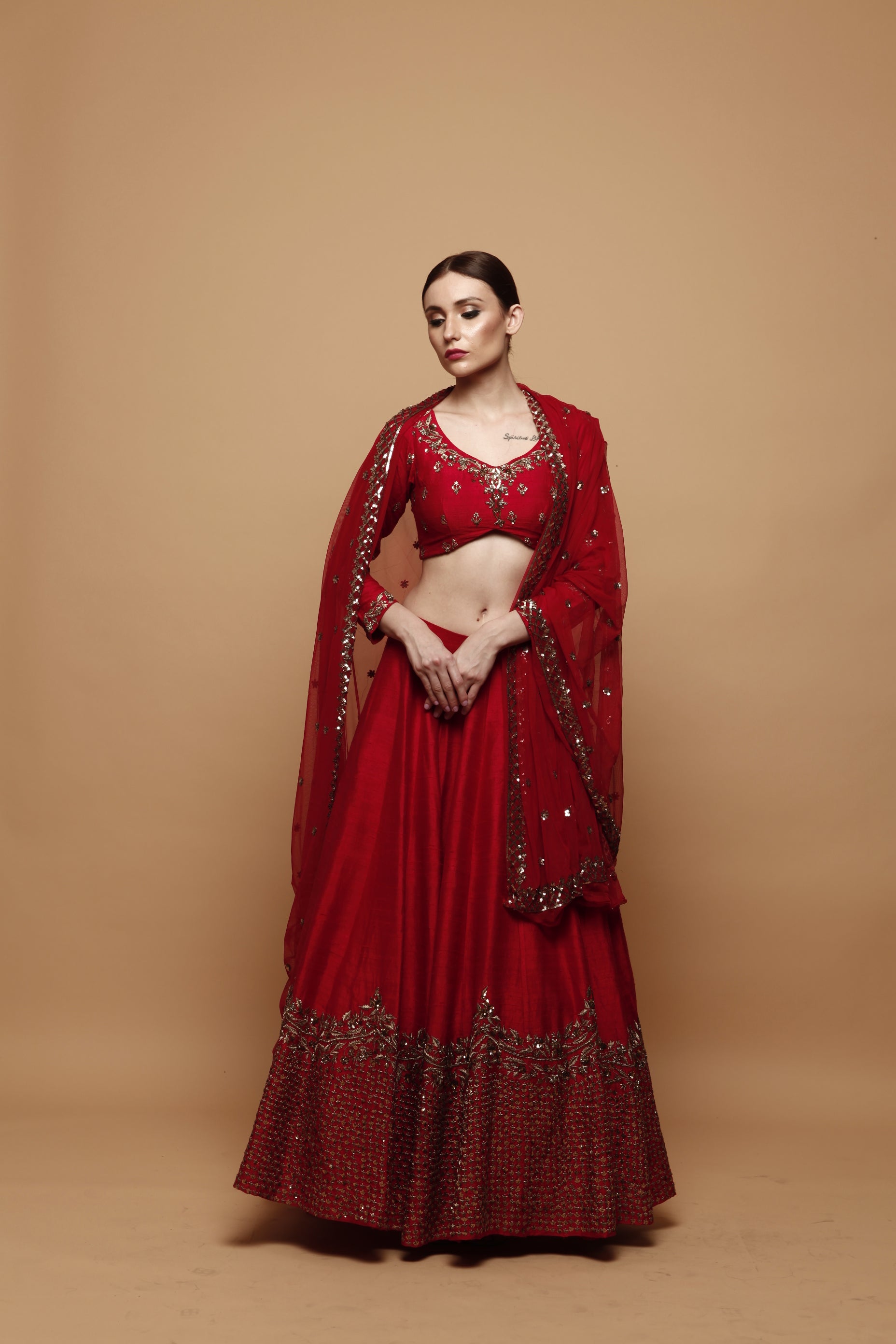 Red Gold Embroidered Raw Silk Lehenga (3-Piece) - Image 1