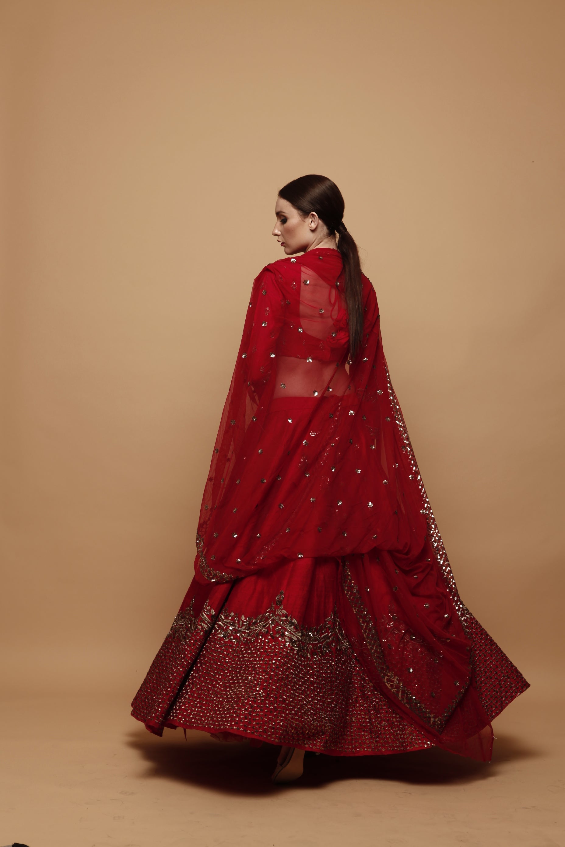Red Gold Embroidered Raw Silk Lehenga (3-Piece) - Image 2