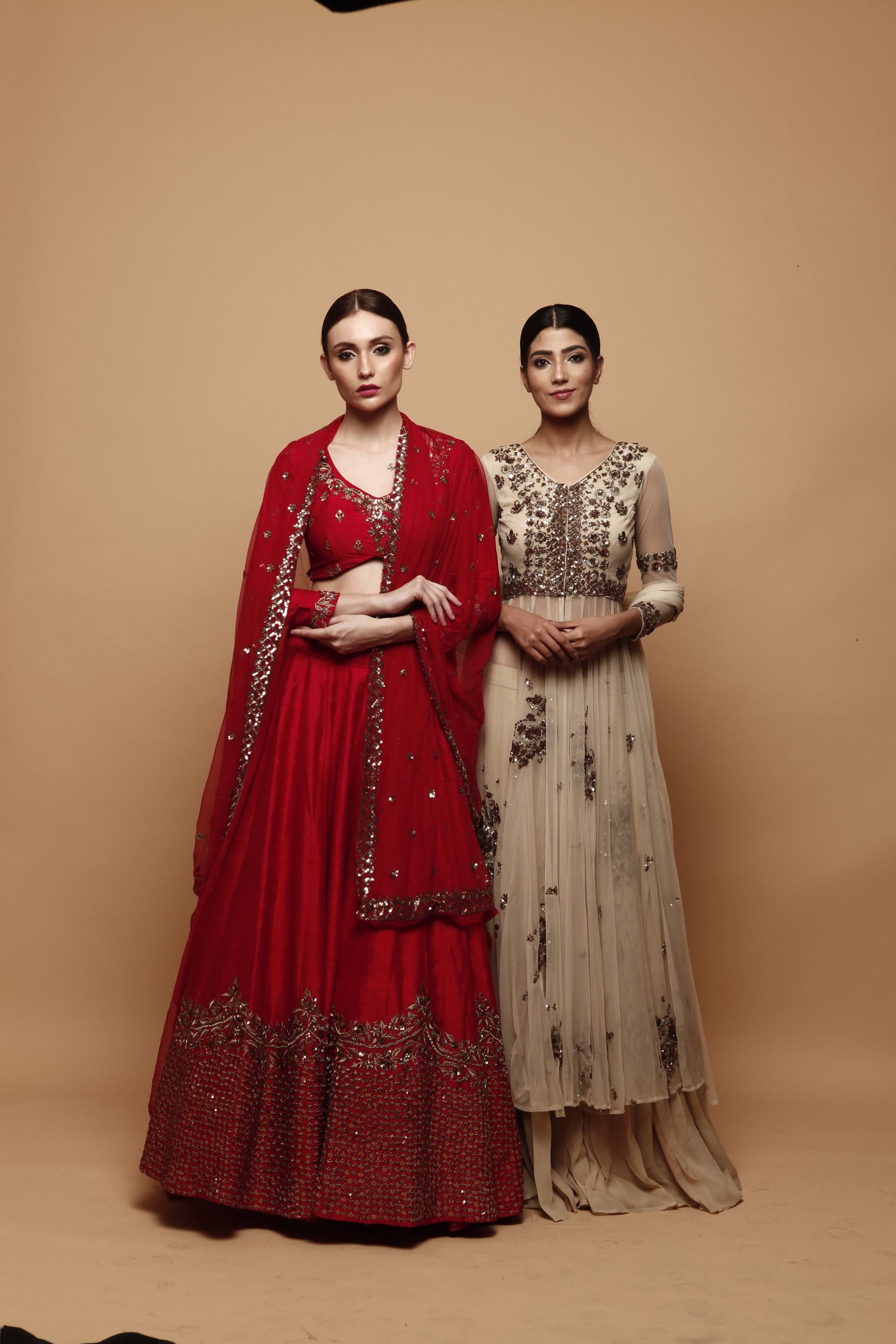 Red Gold Embroidered Raw Silk Lehenga (3-Piece) - Image 3