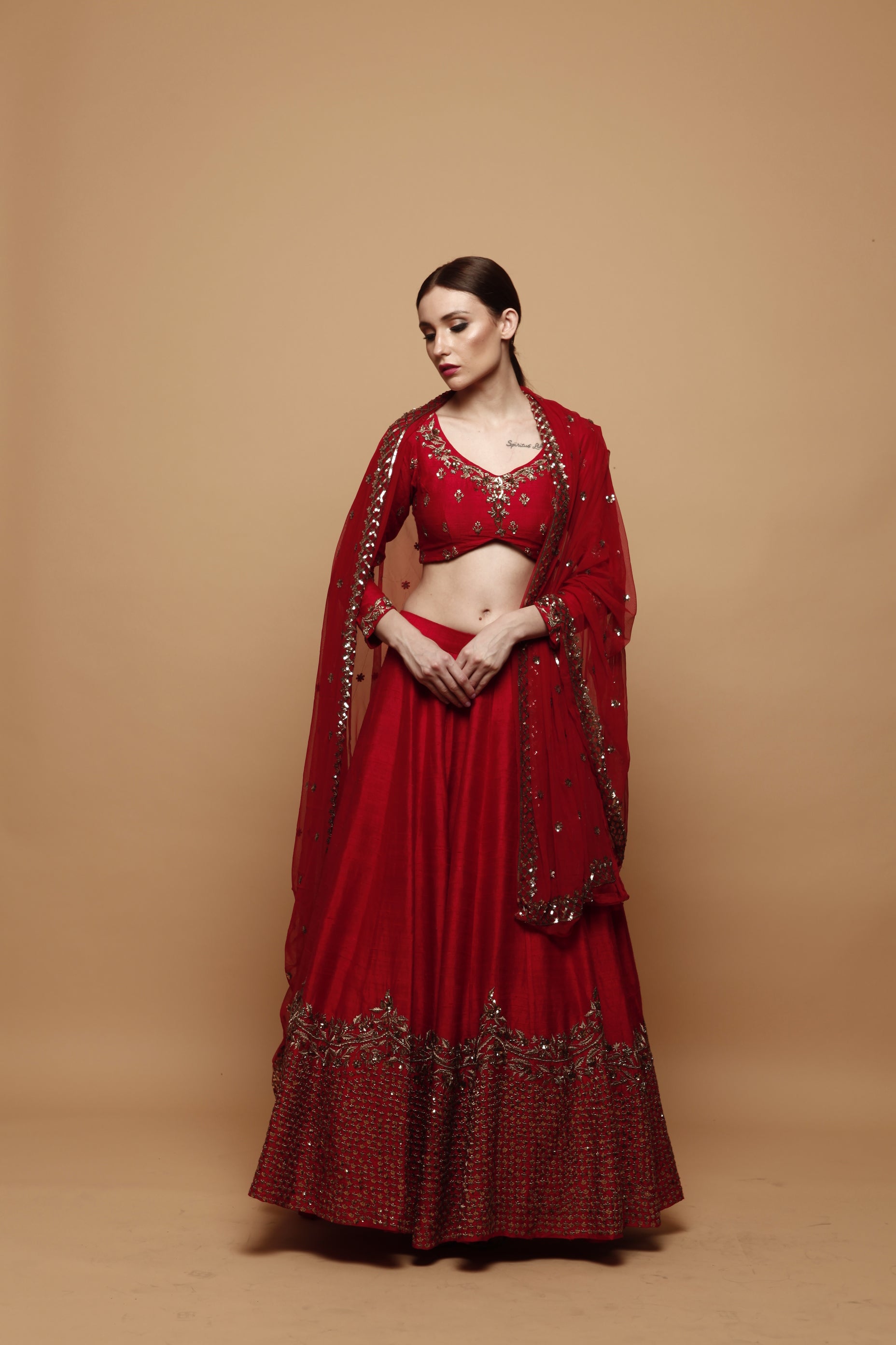 Red Gold Embroidered Raw Silk Lehenga (3-Piece) - Image 4