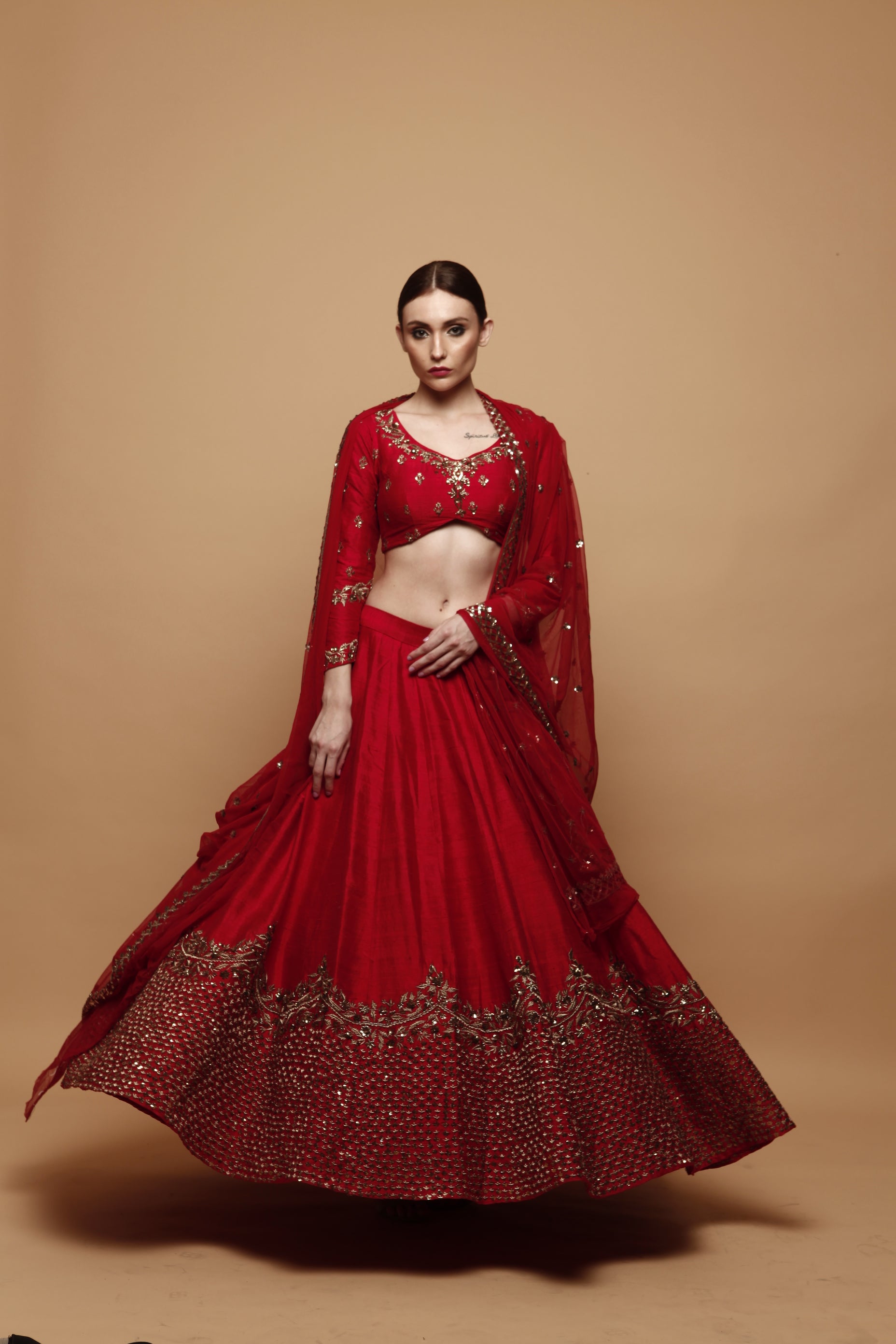 Red Gold Embroidered Raw Silk Lehenga (3-Piece) - Image 5