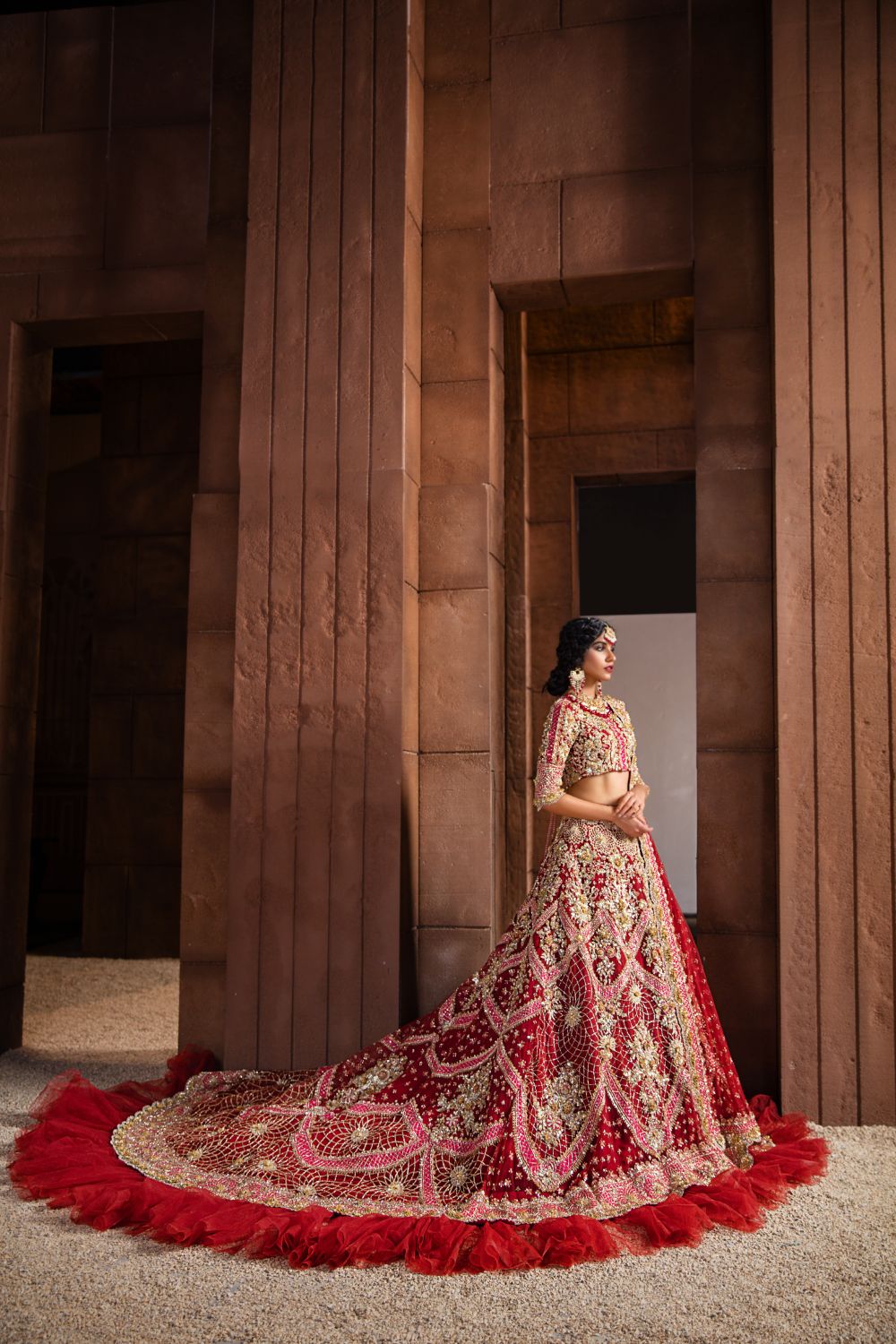 Red & Pink Embellished Net and Raw Silk Lehenga (3-Piece) - Image 3