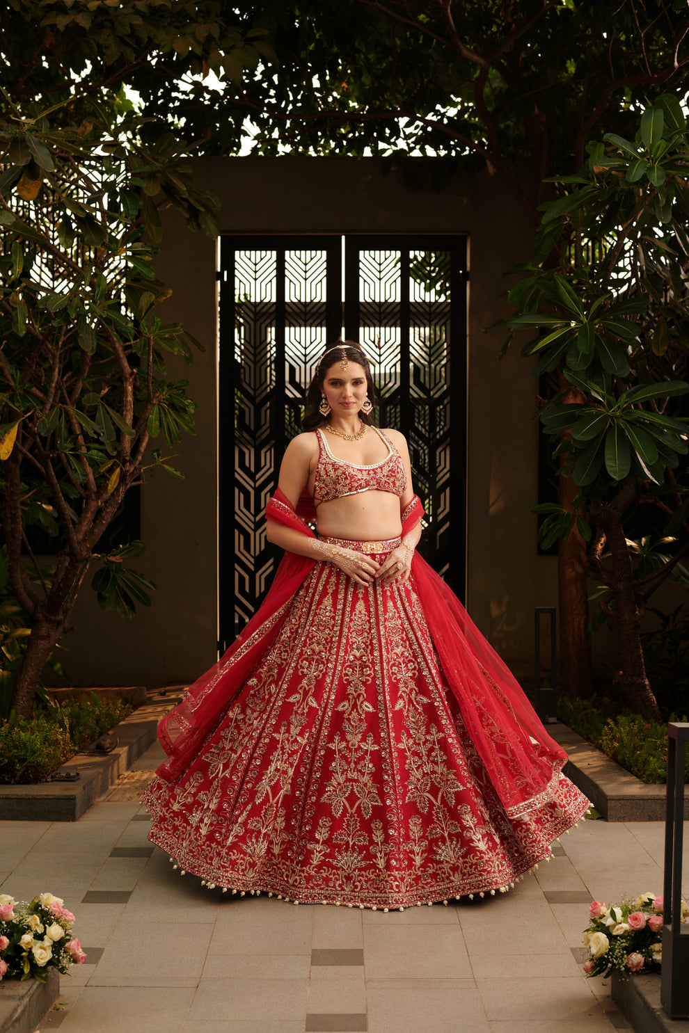Hot Red Embroidered Raw Silk & Net Bridal Lehenga (3-Piece) - Image 1