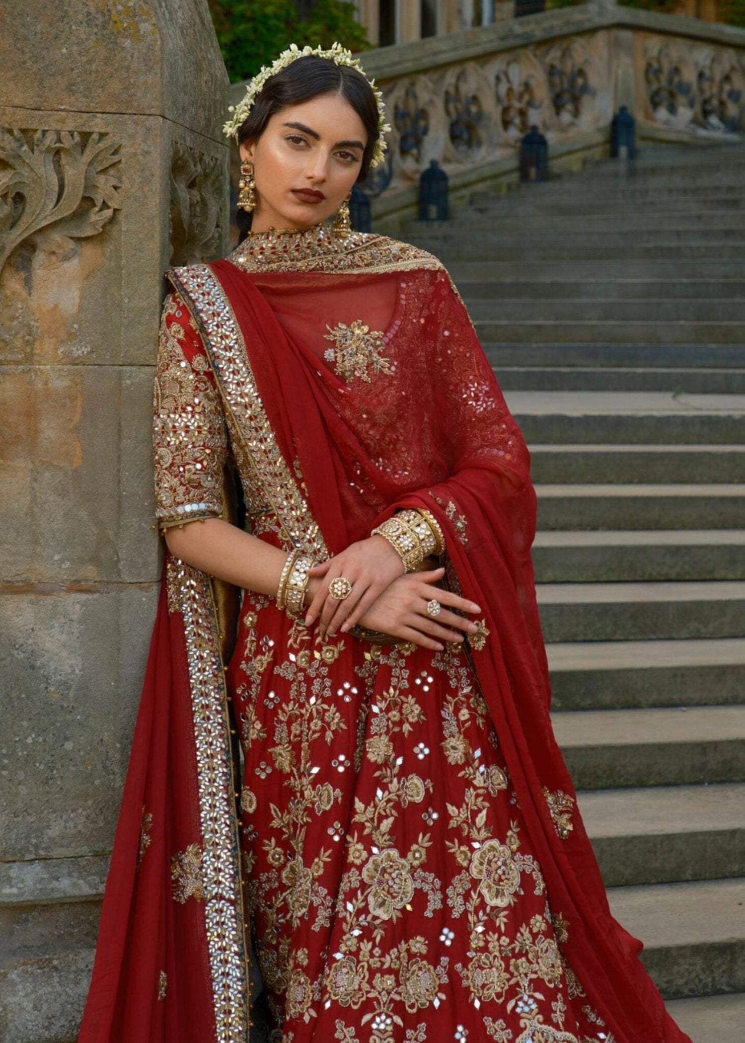 Deep Red Gold Embroidered Raw Silk Bridal Lehenga (3-Piece) - Image 1