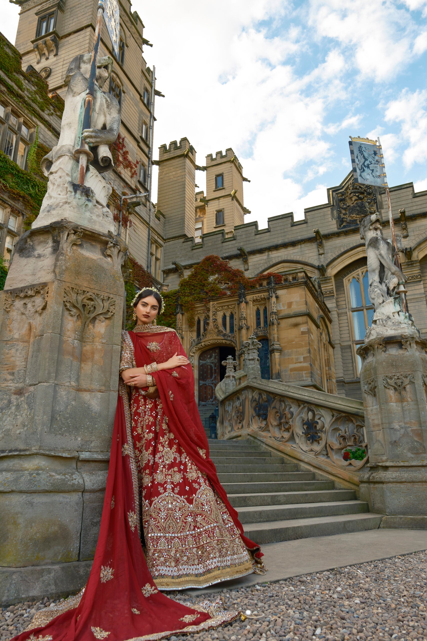 Deep Red Gold Embroidered Raw Silk Bridal Lehenga (3-Piece) - Image 2