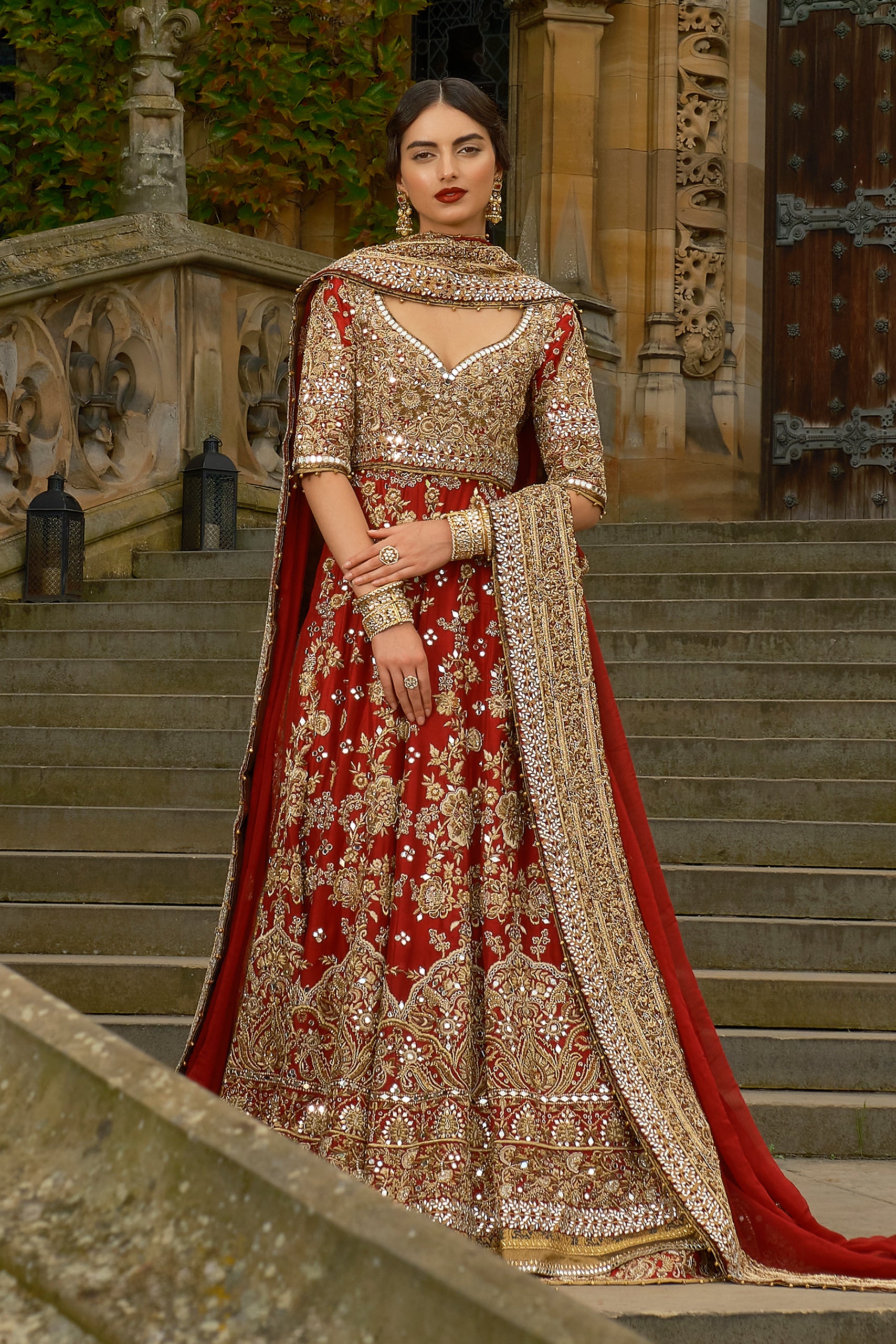 Deep Red Gold Embroidered Raw Silk Bridal Lehenga (3-Piece) - Image 3