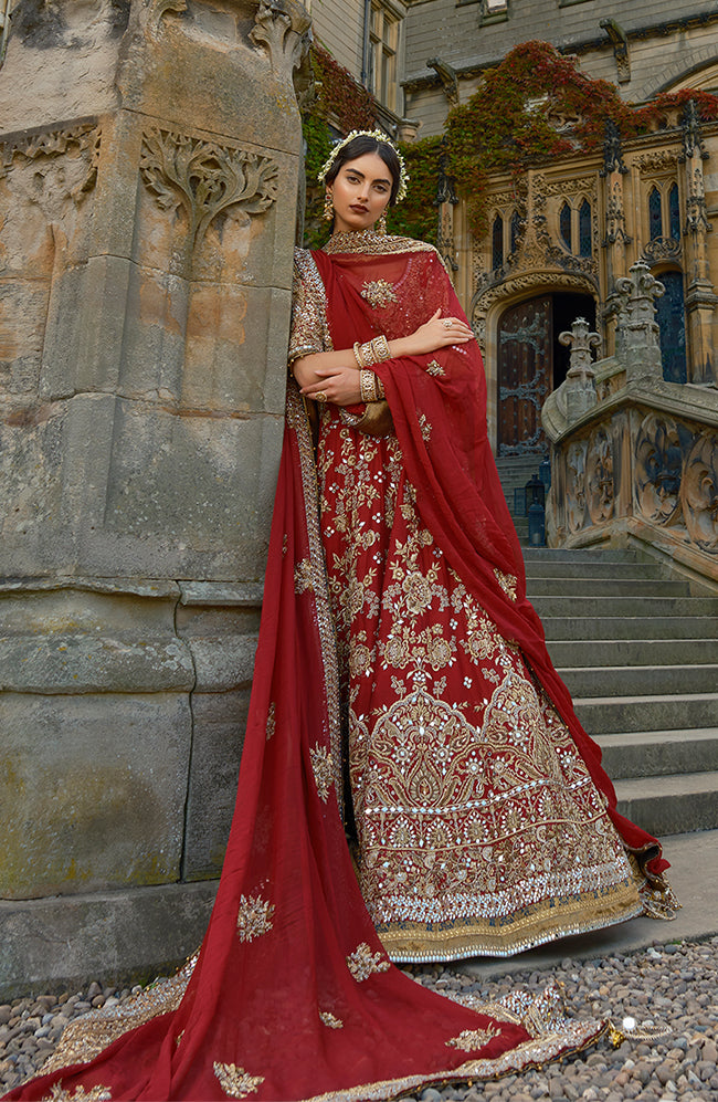 Deep Red Gold Embroidered Raw Silk Bridal Lehenga (3-Piece) - Image 4