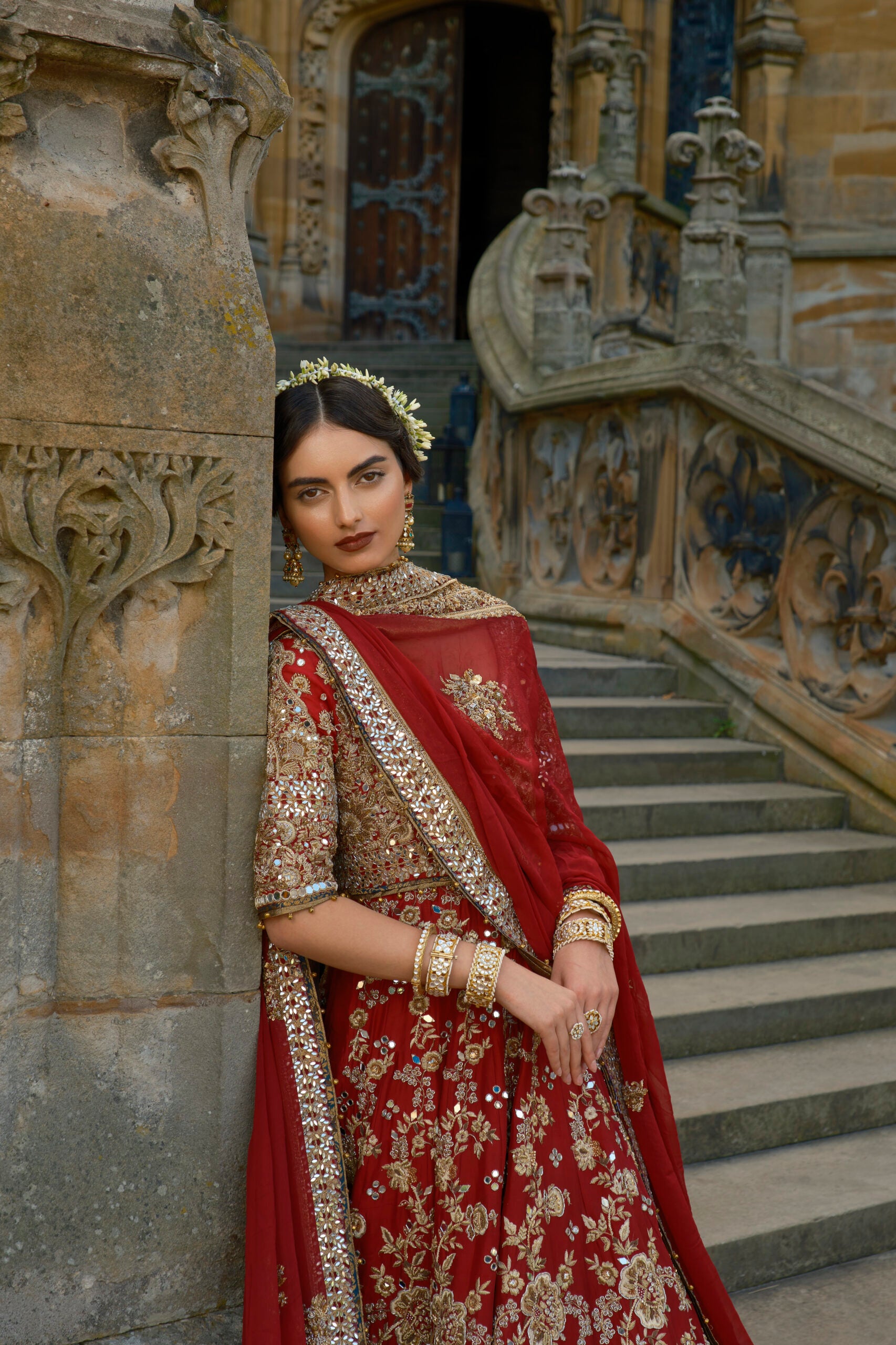 Deep Red Gold Embroidered Raw Silk Bridal Lehenga (3-Piece) - Image 5