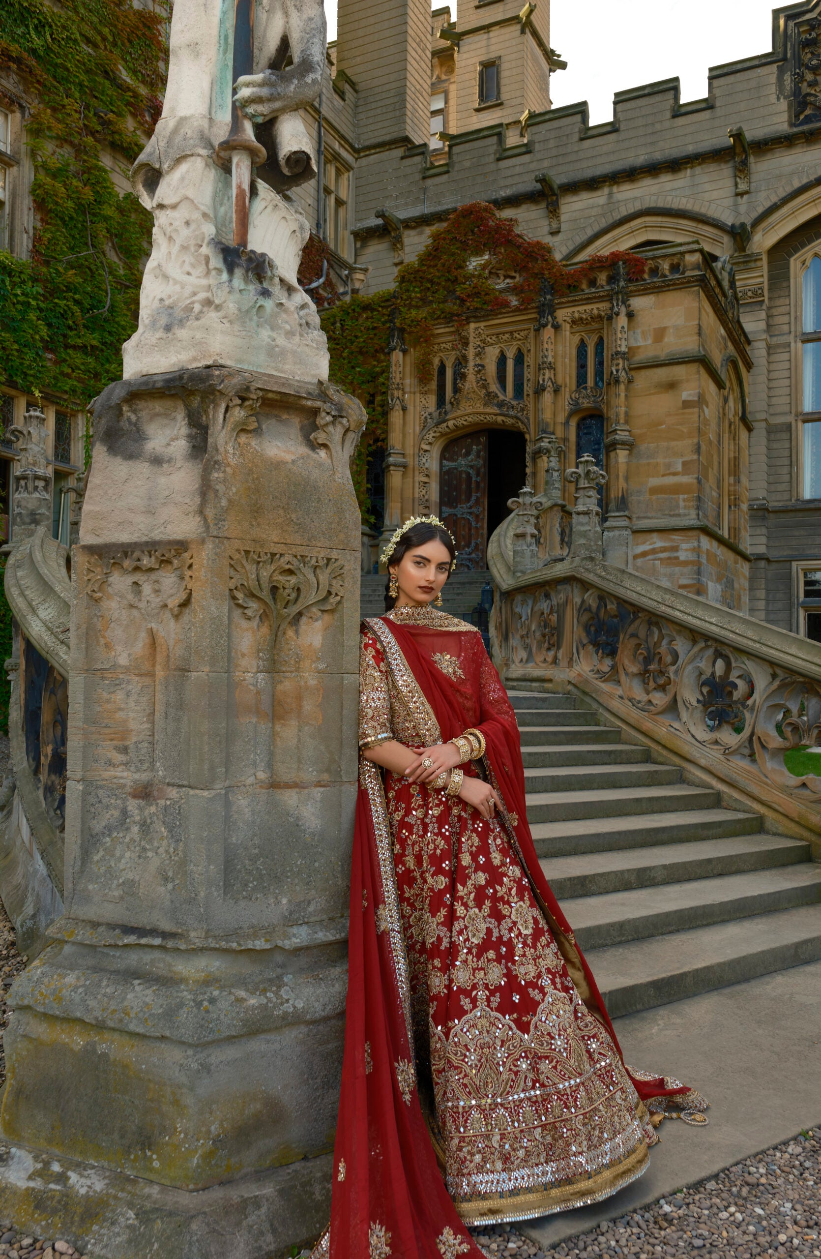 Deep Red Gold Embroidered Raw Silk Bridal Lehenga (3-Piece) - Image 6