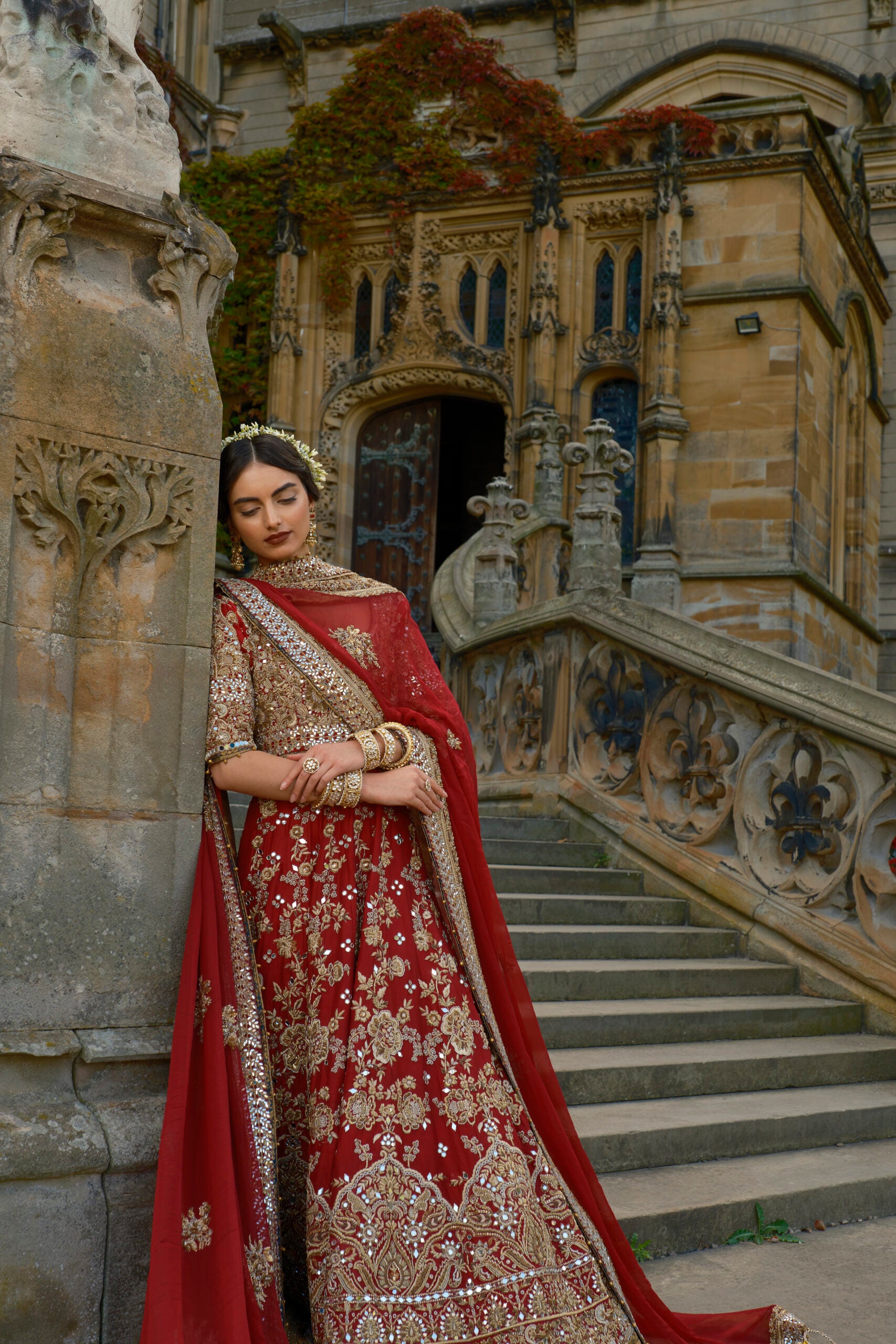 Deep Red Gold Embroidered Raw Silk Bridal Lehenga (3-Piece) - Image 7