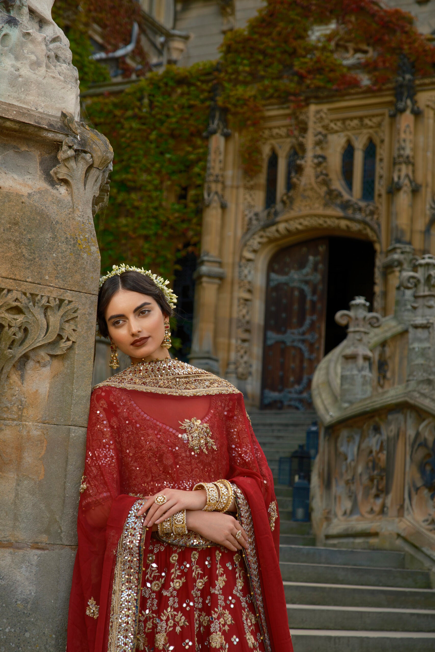 Deep Red Gold Embroidered Raw Silk Bridal Lehenga (3-Piece) - Image 8