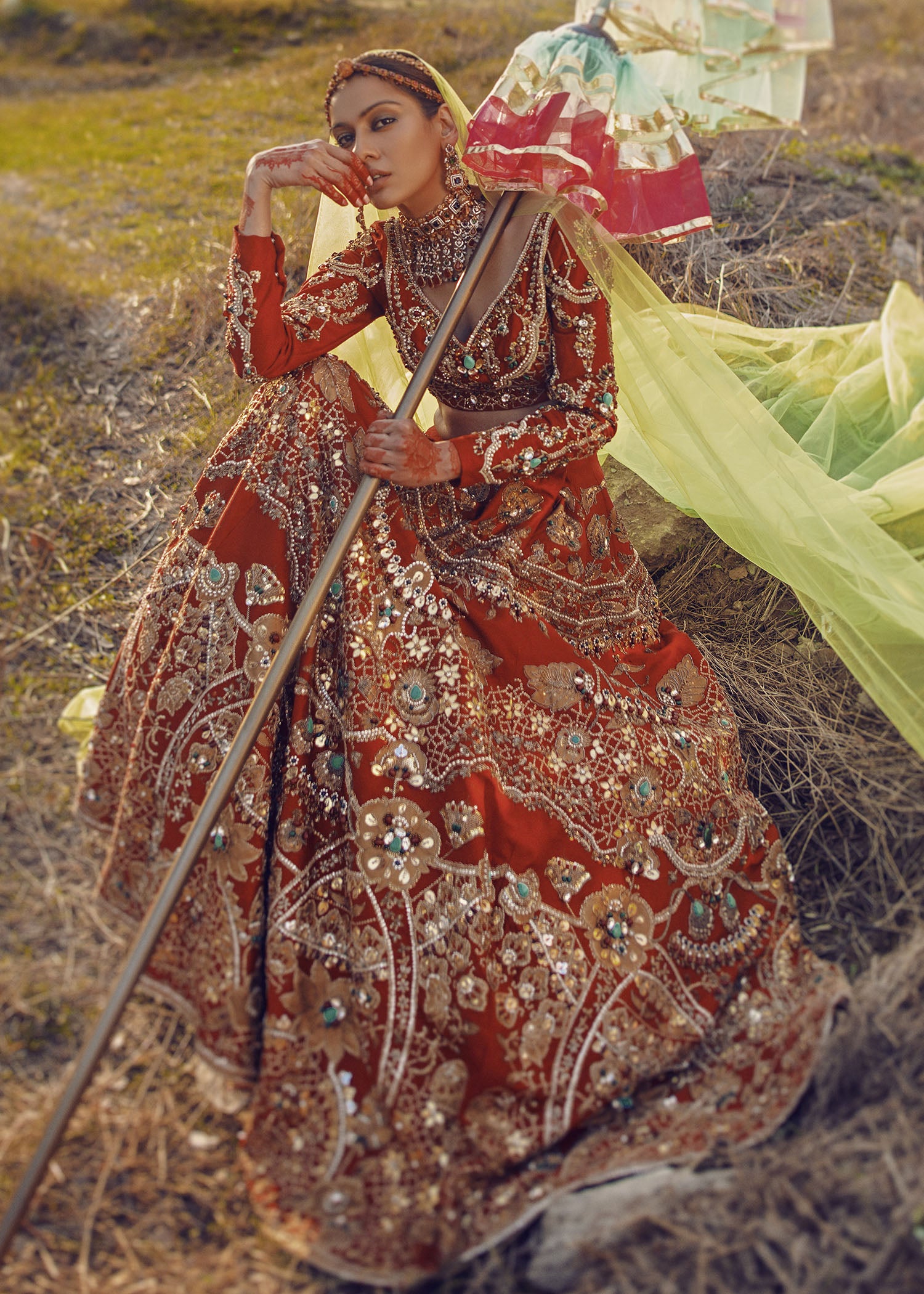 Pakistani Red Zari Raw Silk Bridal Lehenga (3-Piece) - Image 1