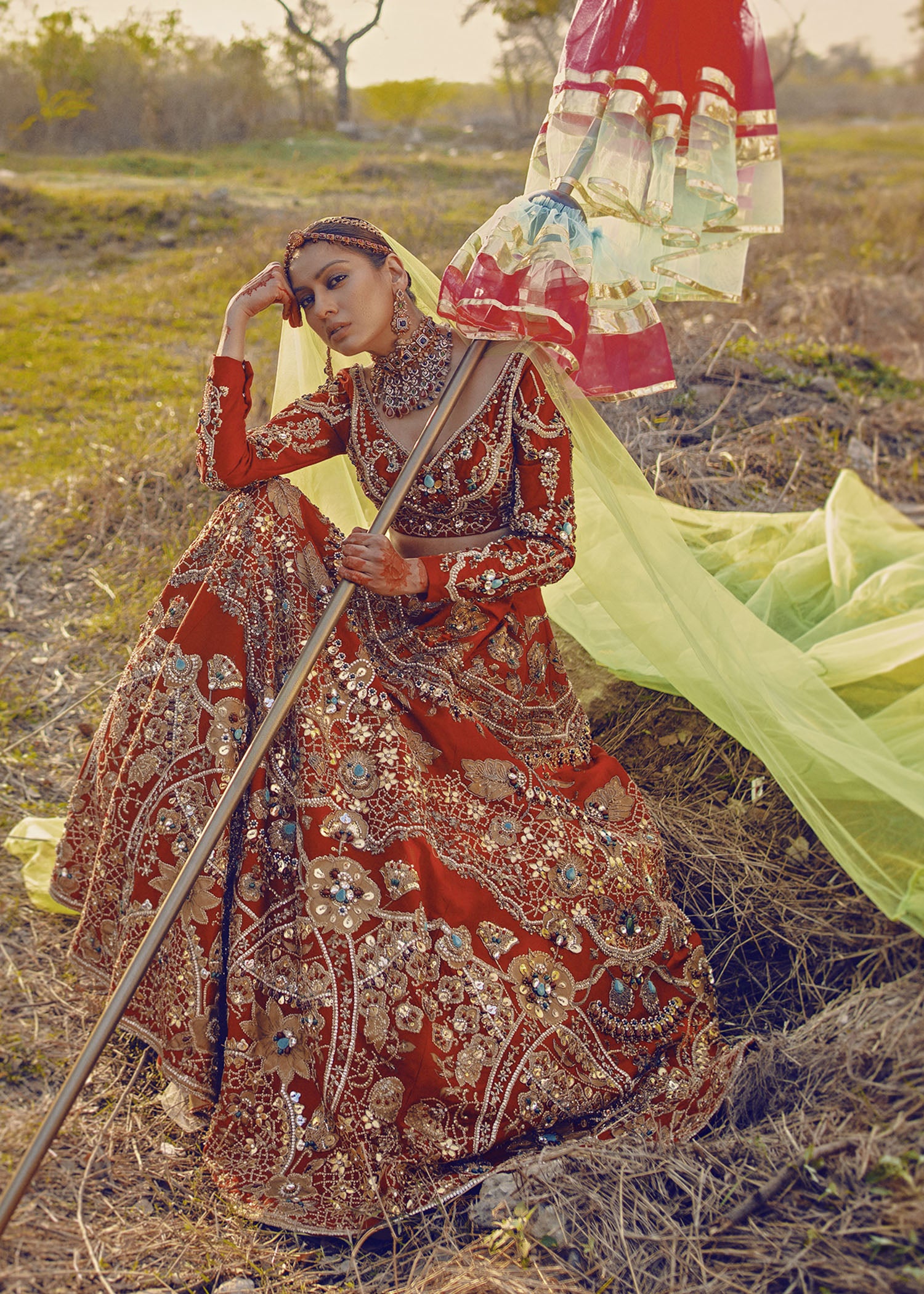 Pakistani Red Zari Raw Silk Bridal Lehenga (3-Piece) - Image 2