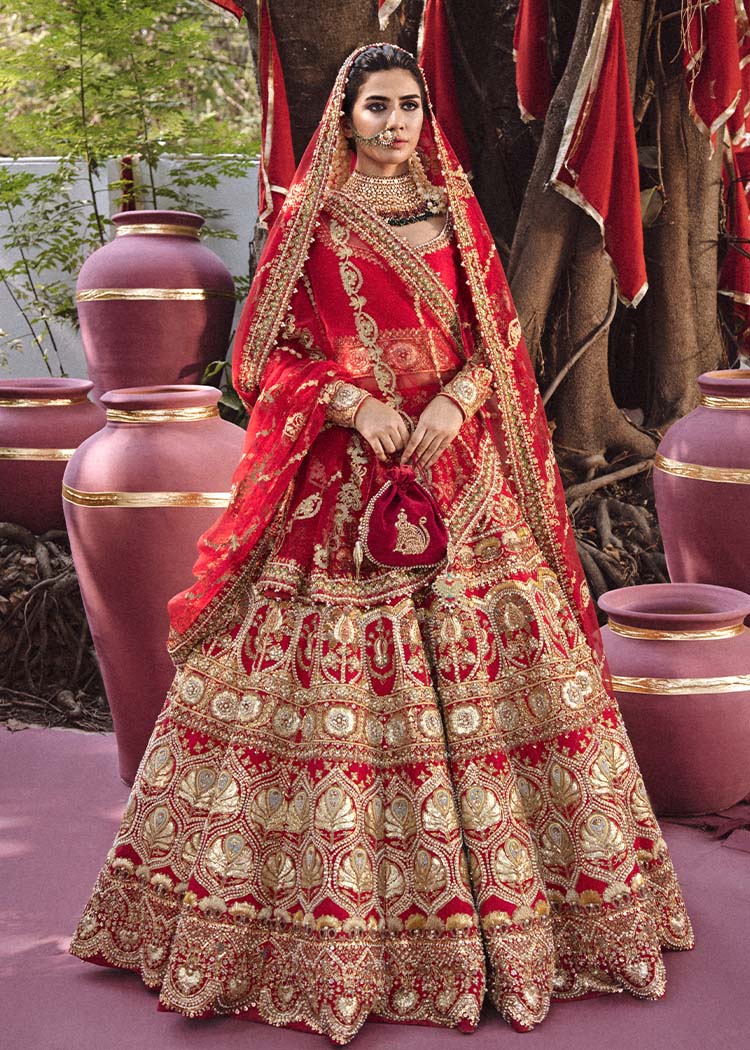 Pakistani Red Embroidered Raw Silk Lehenga Choli (3-Piece) - Image 3