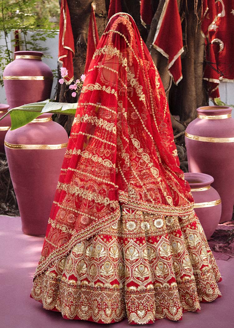 Pakistani Red Embroidered Raw Silk Lehenga Choli (3-Piece) - Image 5
