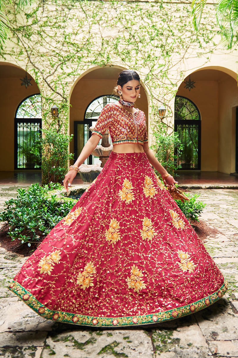 Pakistani Red Gota Dabka Raw Silk Lehenga Choli (3-Piece) - Image 3