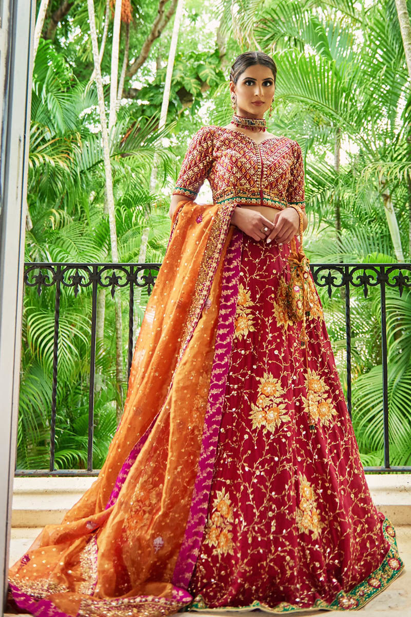 Pakistani Red Gota Dabka Raw Silk Lehenga Choli (3-Piece) - Image 4