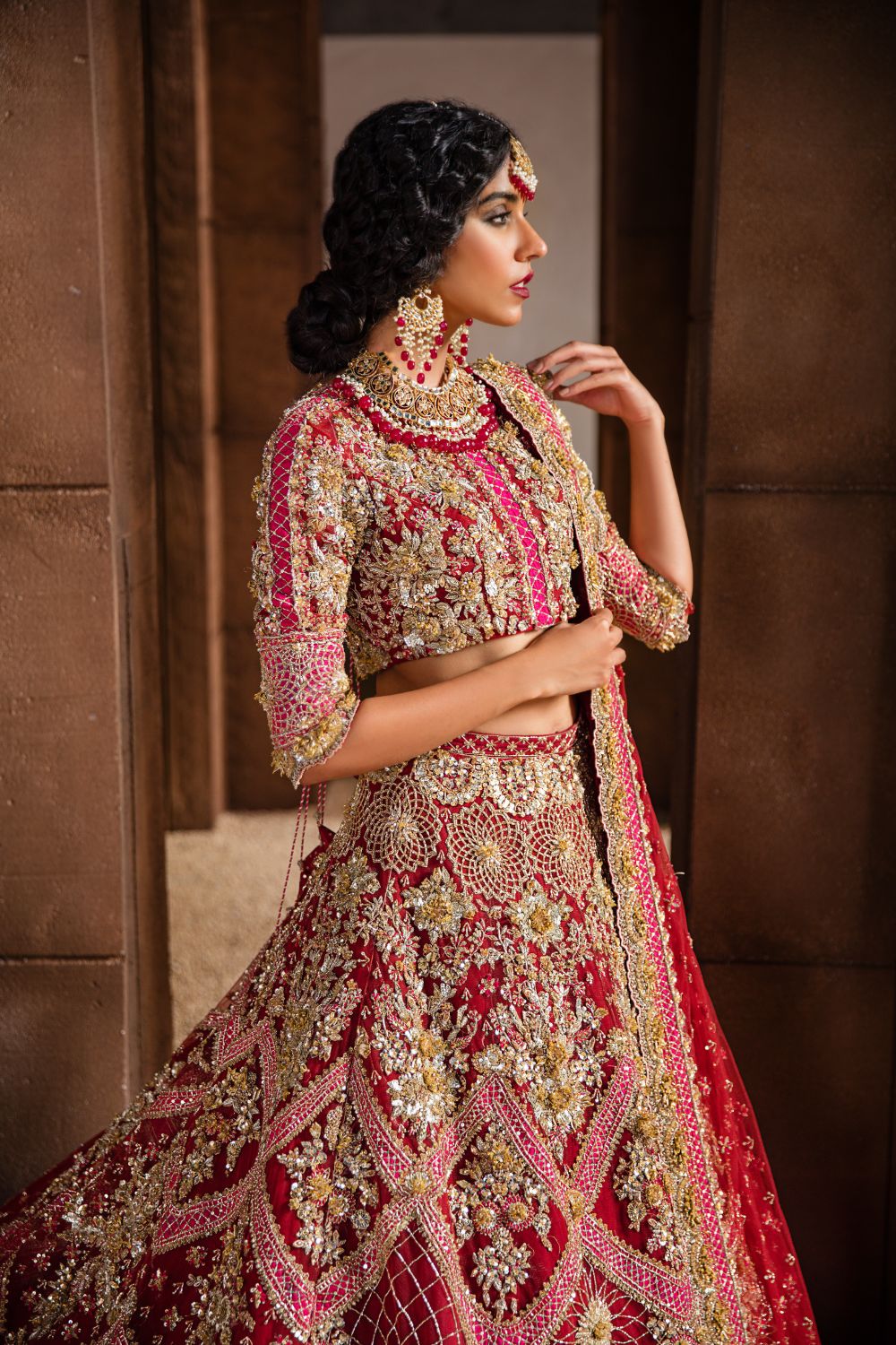 Pakistani Red & Pink Embroidered Net and Raw Silk Lehenga (3-Piece) - Image 2