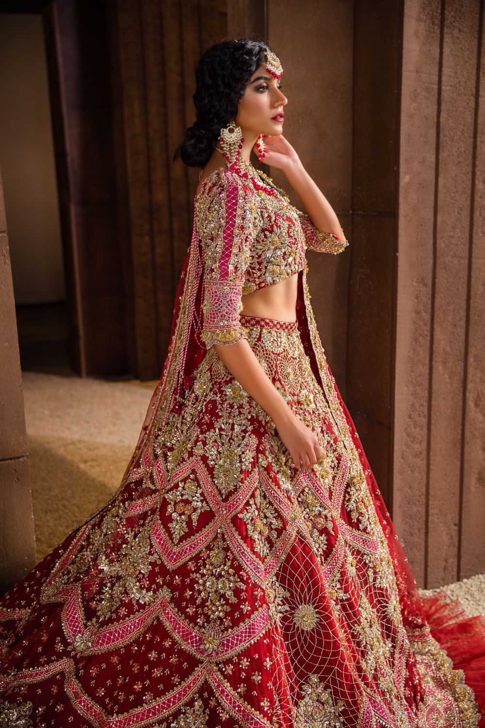 Pakistani Red & Pink Embroidered Net and Raw Silk Lehenga (3-Piece) - Image 4