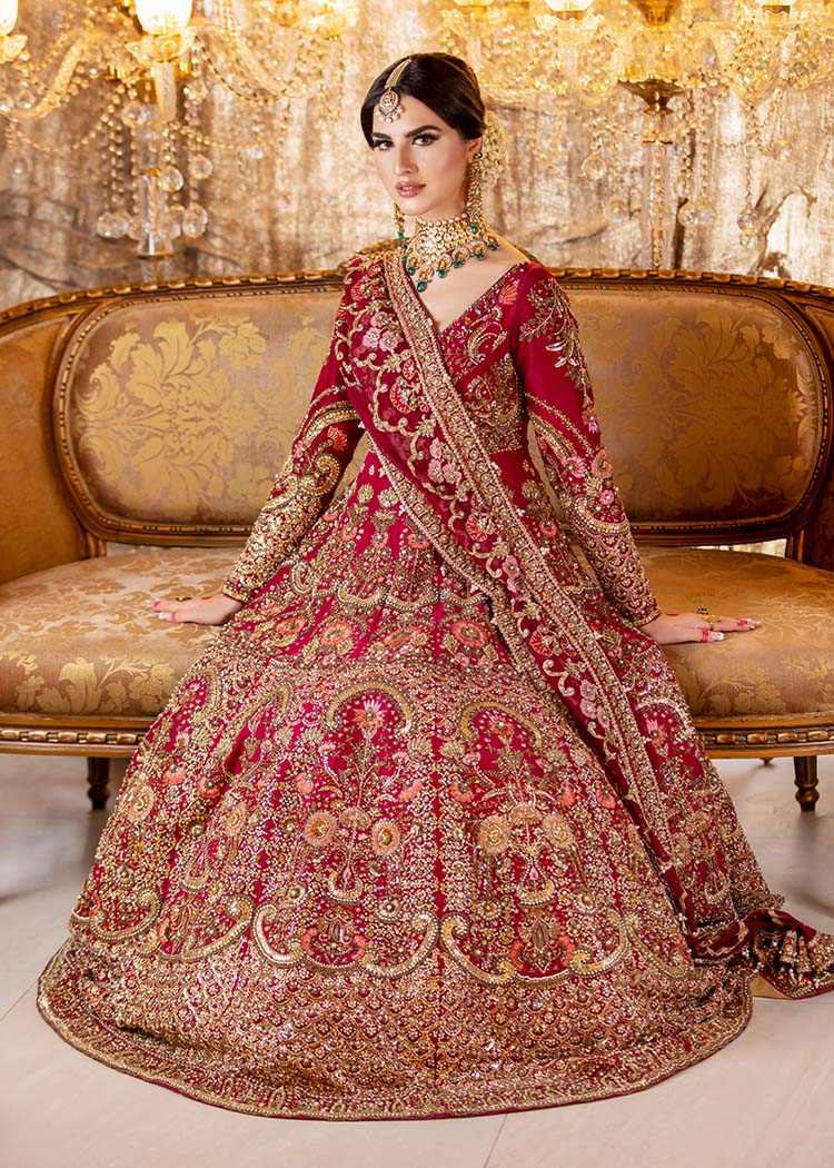 Pakistani Red Embroidered Raw Silk Bridal Lehenga (3-Piece) - Image 4