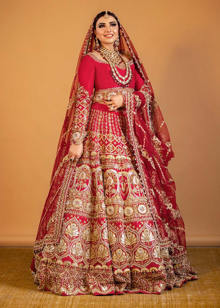 Pakistani Red Embroidered Raw Silk Lehenga Choli (3-Piece) - Image 1