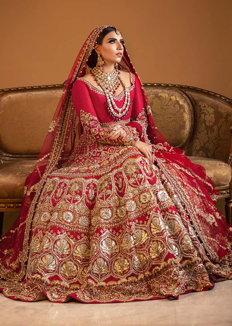 Pakistani Red Embroidered Raw Silk Lehenga Choli (3-Piece) - Image 2
