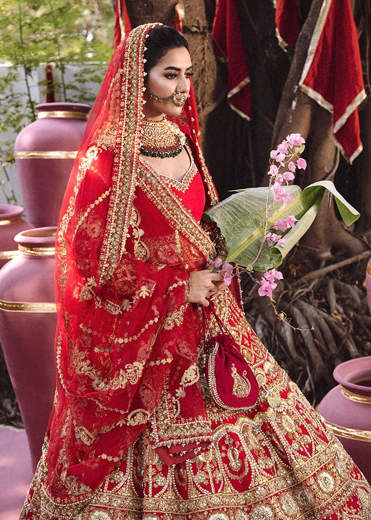 Pakistani Red Embroidered Raw Silk Lehenga Choli (3-Piece) - Image 6