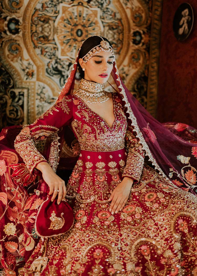 Red Embroidered Raw Silk Bridal Lehenga (3-Piece) - Image 2