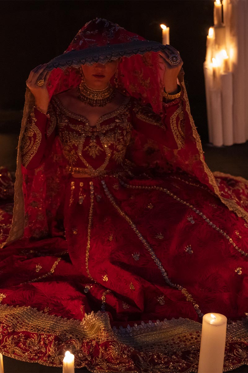 Deep Red Embroidered Raw Silk Lehenga Choli (3-Piece) - Image 3