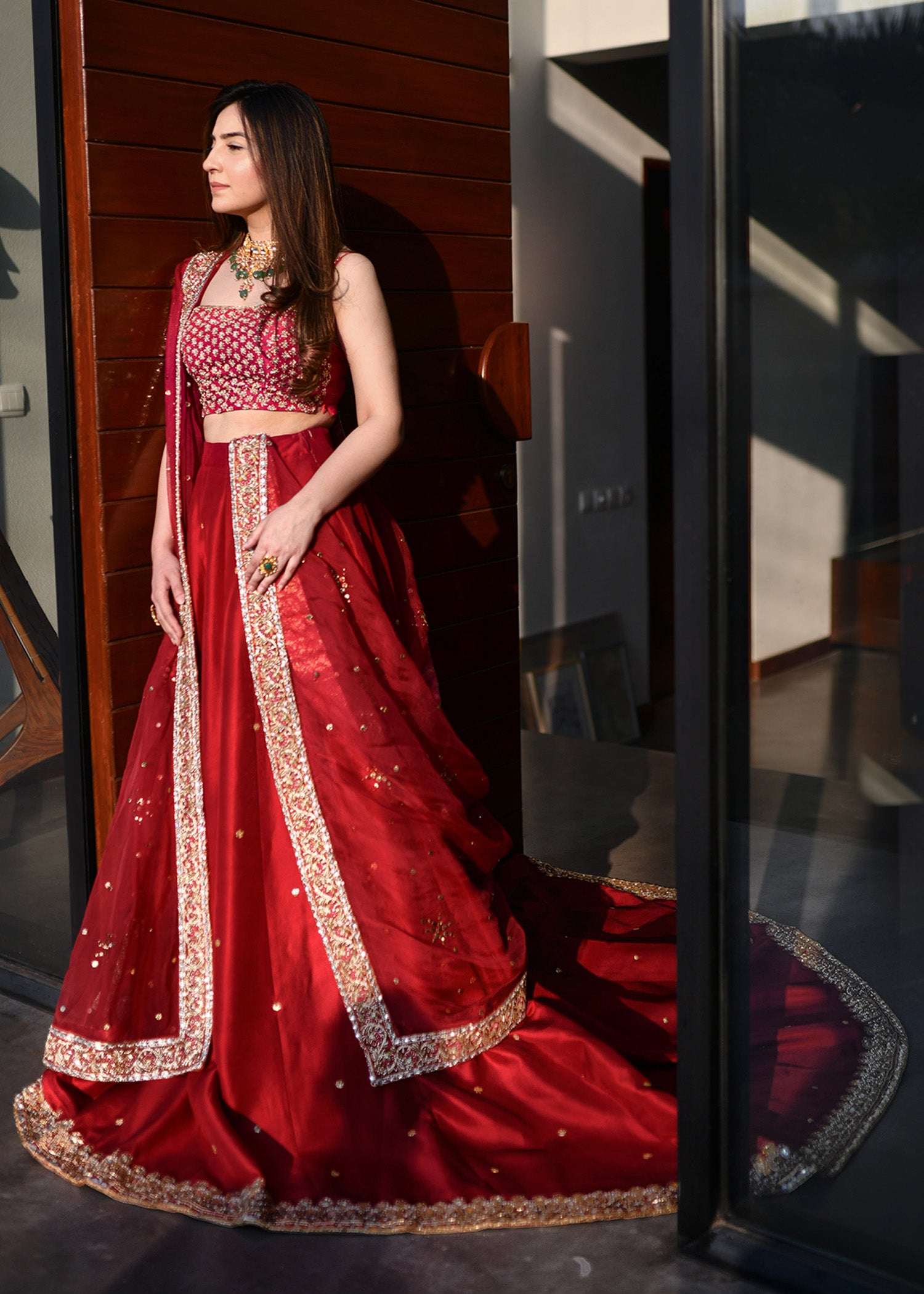 Red & Hot Pink Embroidered Raw Silk Lehenga (3-Piece) - Image 3