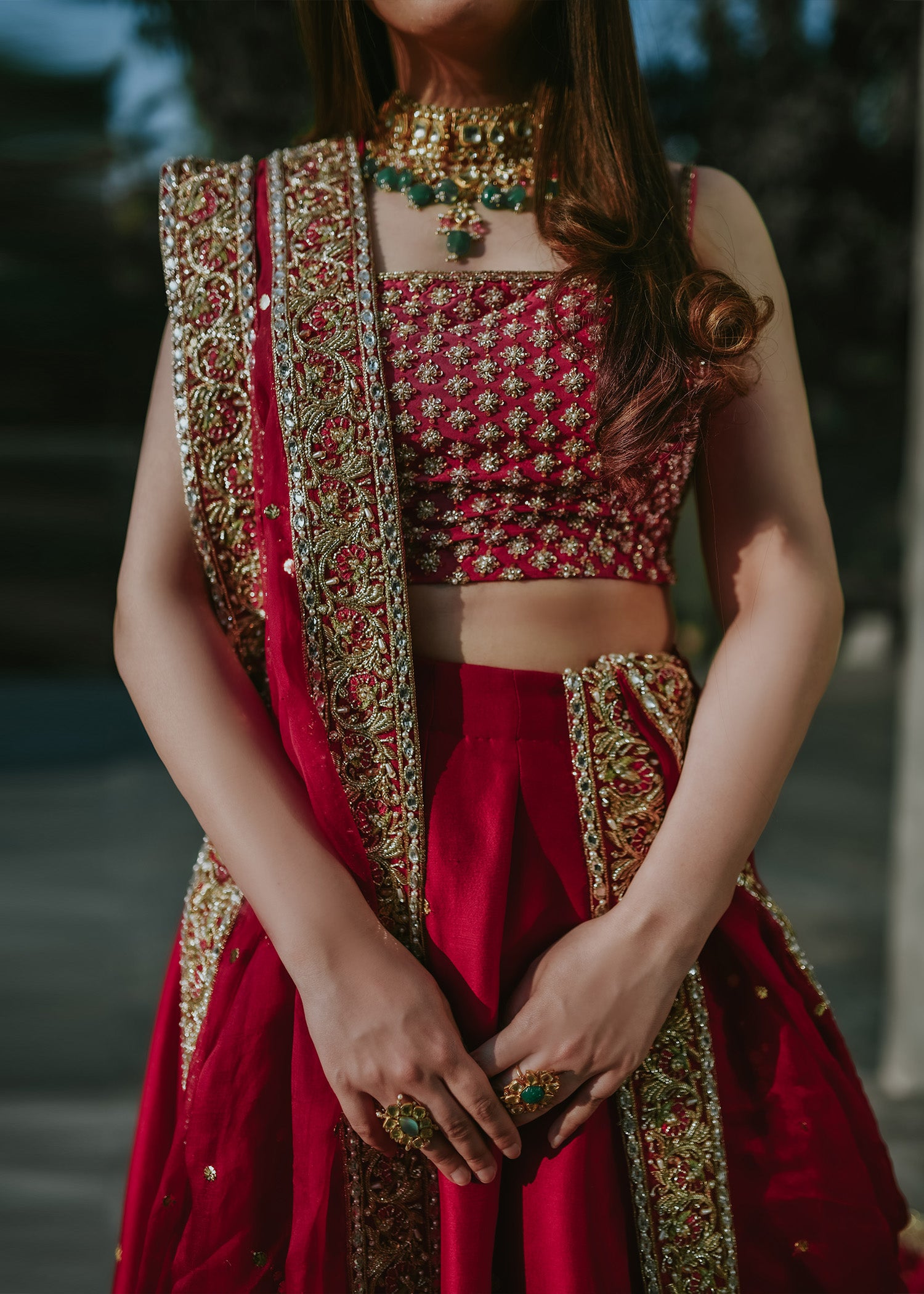 Red & Hot Pink Embroidered Raw Silk Lehenga (3-Piece) - Image 4