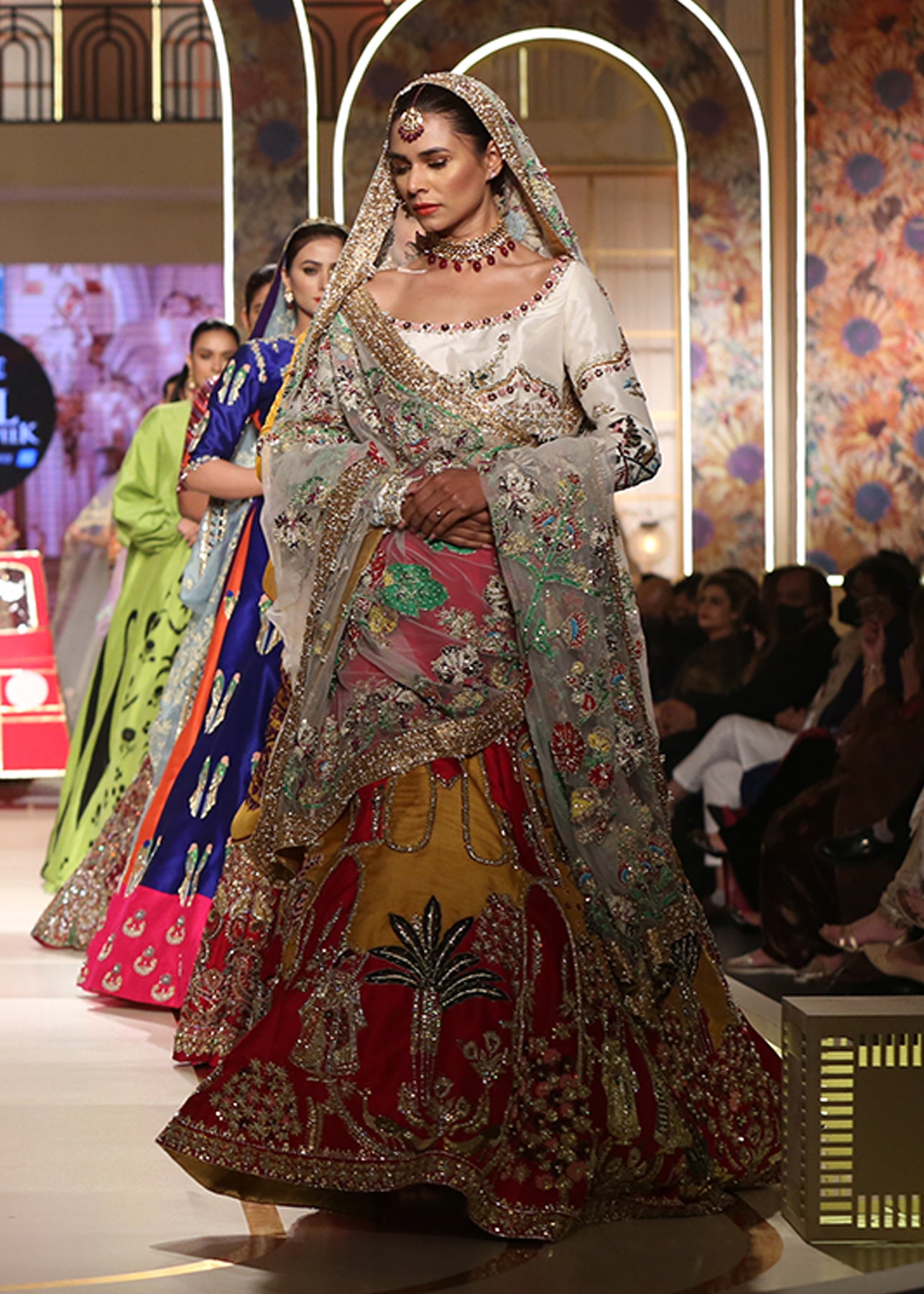 Pakistani Mustard & Red Embroidered Raw Silk Lehenga (3-Piece) - Image 3