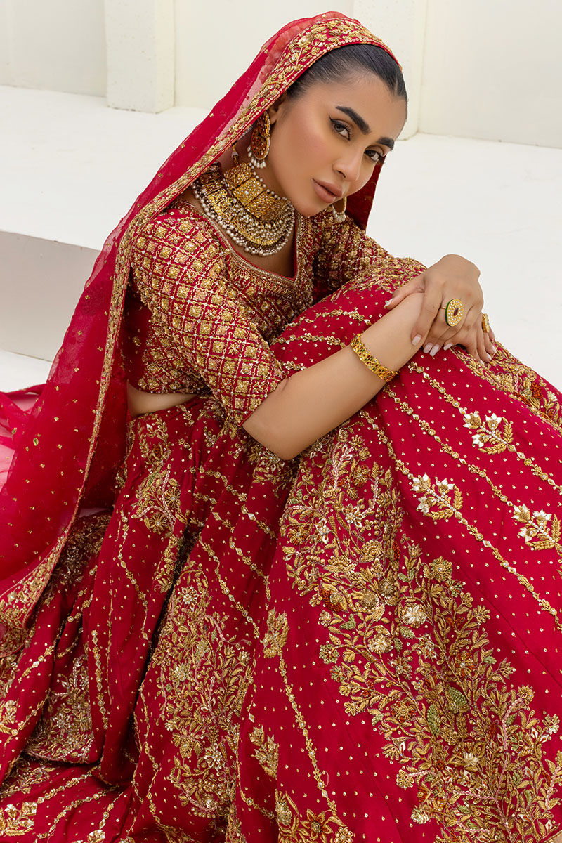 Red Embellished Raw Silk Lehenga Choli (3-Piece) - Image 2
