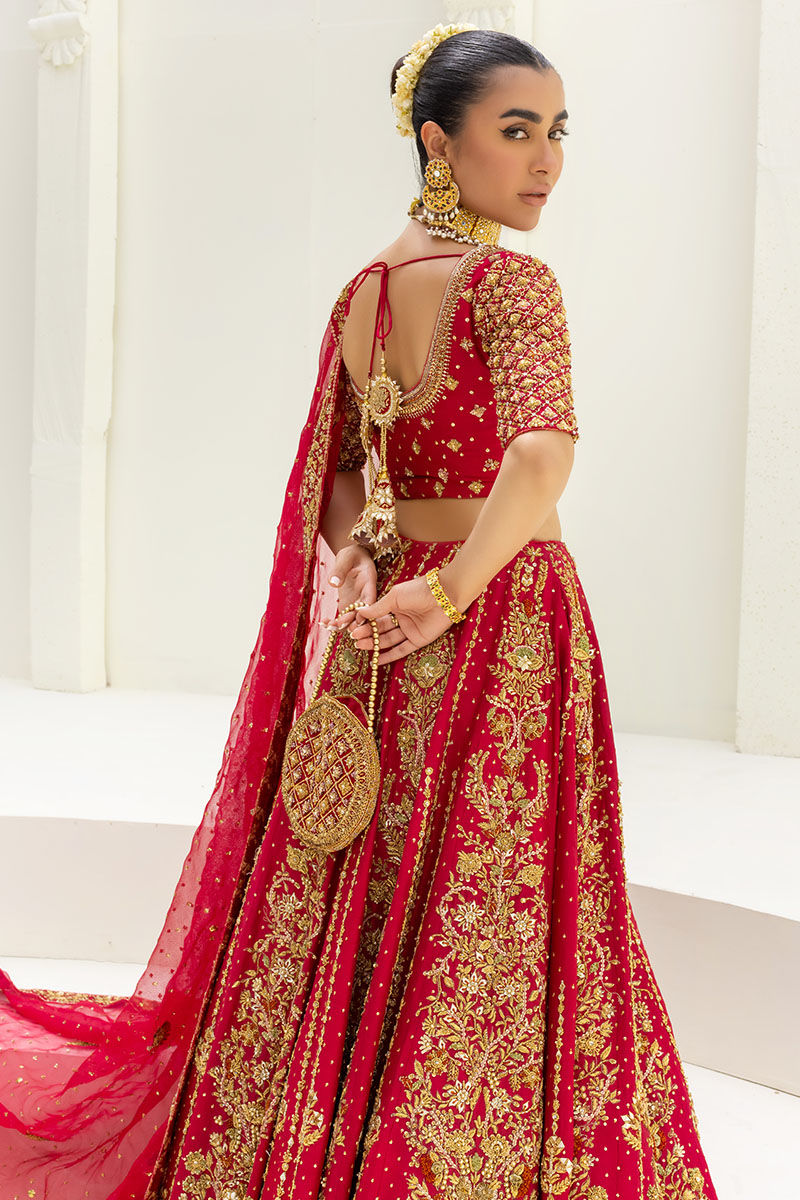 Red Embellished Raw Silk Lehenga Choli (3-Piece) - Image 5
