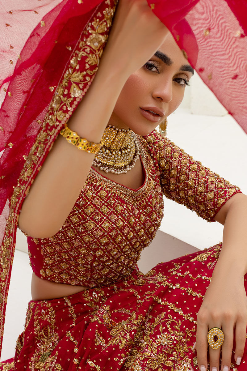 Red Embellished Raw Silk Lehenga Choli (3-Piece) - Image 6