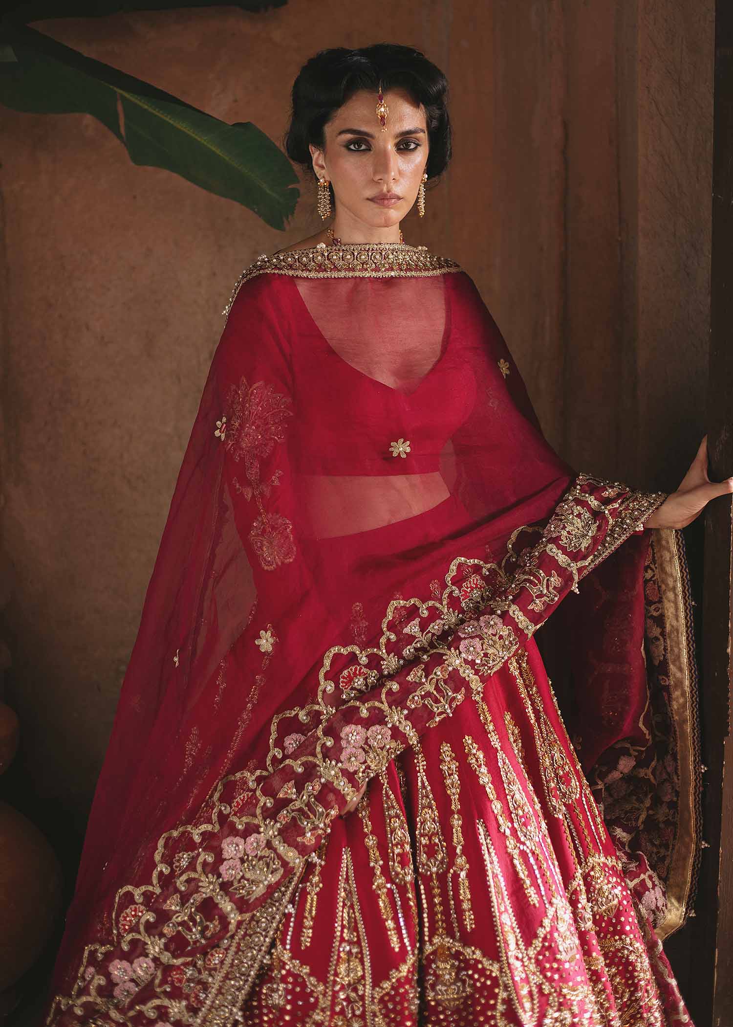 Red & Bottle Green Embellished Silk Lehnga Choli (3-Piece) - Image 3