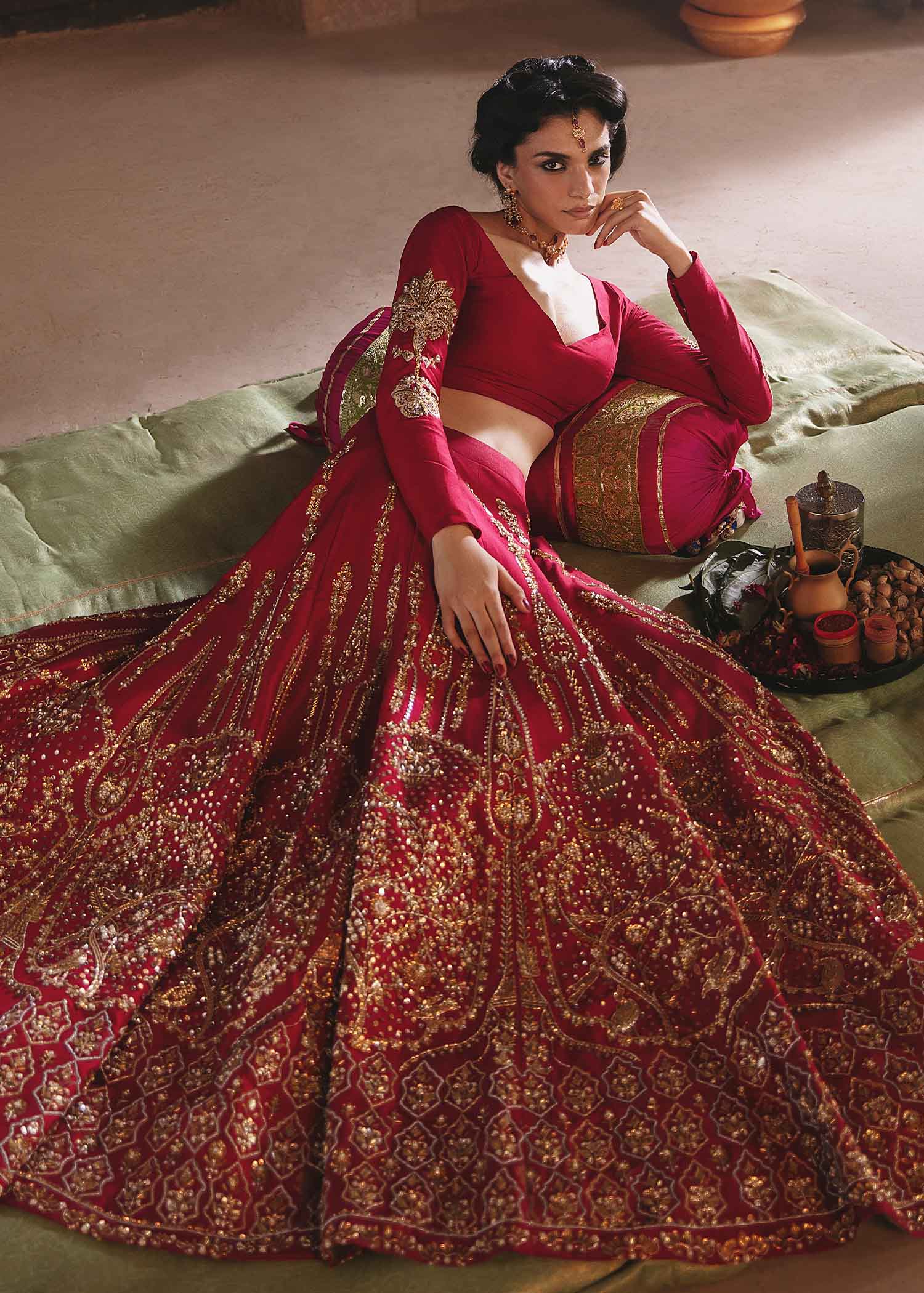 Red & Bottle Green Embellished Silk Lehnga Choli (3-Piece) - Image 4