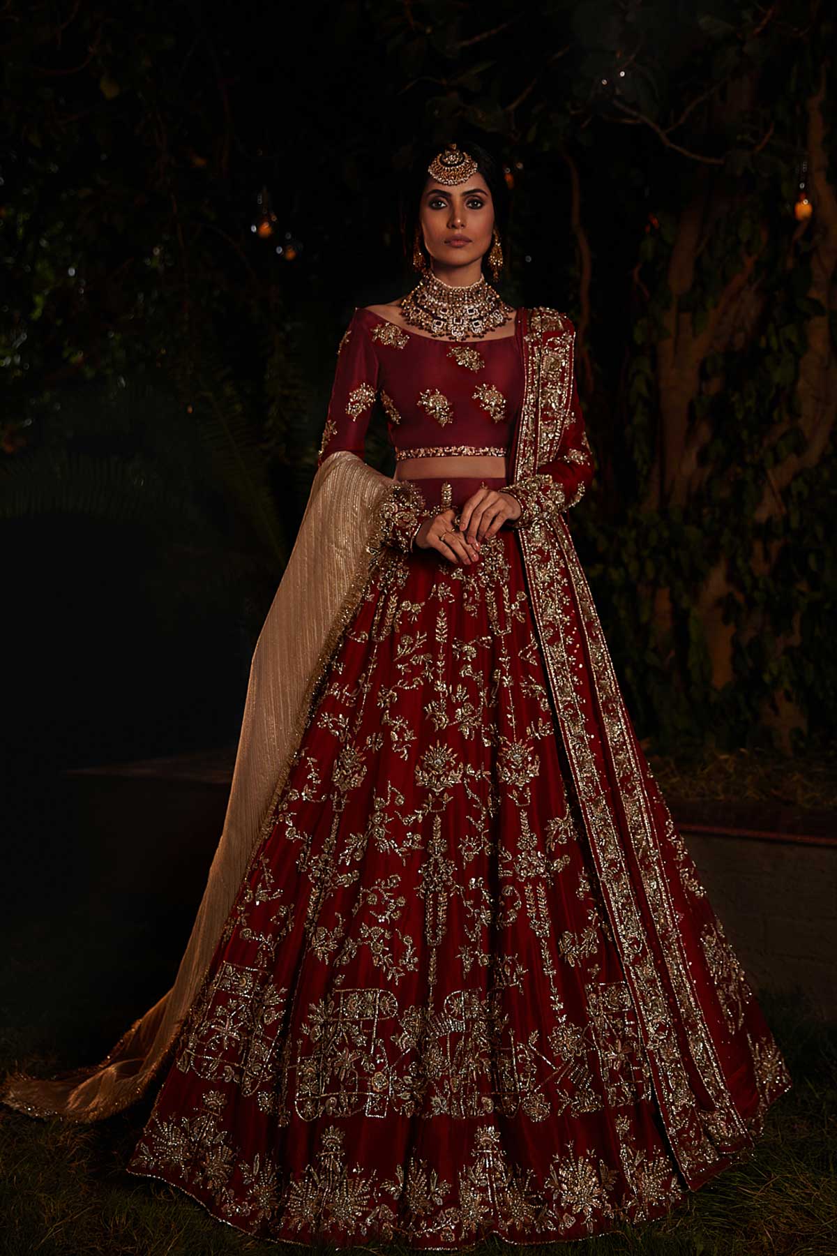 Deep Red Zardozi Raw Silk Bridal Lehenga Choli (3-Piece) - Image 1