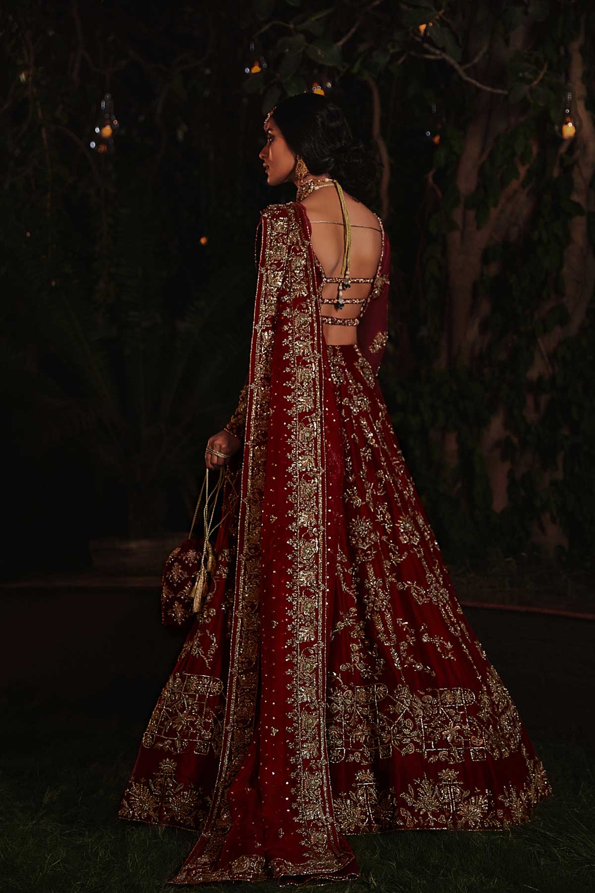 Deep Red Zardozi Raw Silk Bridal Lehenga Choli (3-Piece) - Image 3