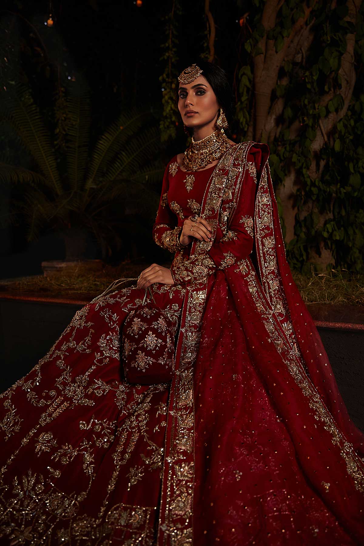 Deep Red Zardozi Raw Silk Bridal Lehenga Choli (3-Piece) - Image 4