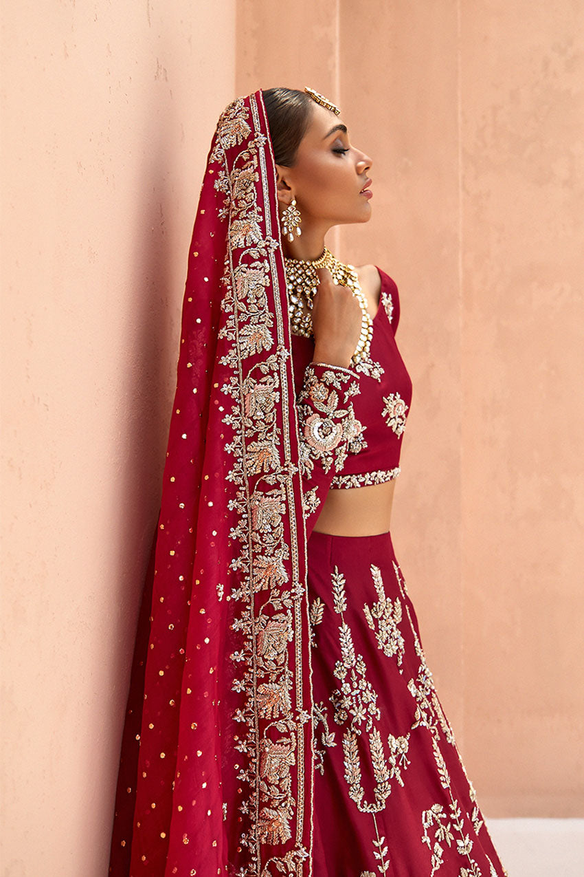 Deep Red Zardozi Raw Silk Bridal Lehenga Choli (3-Piece) - Image 6