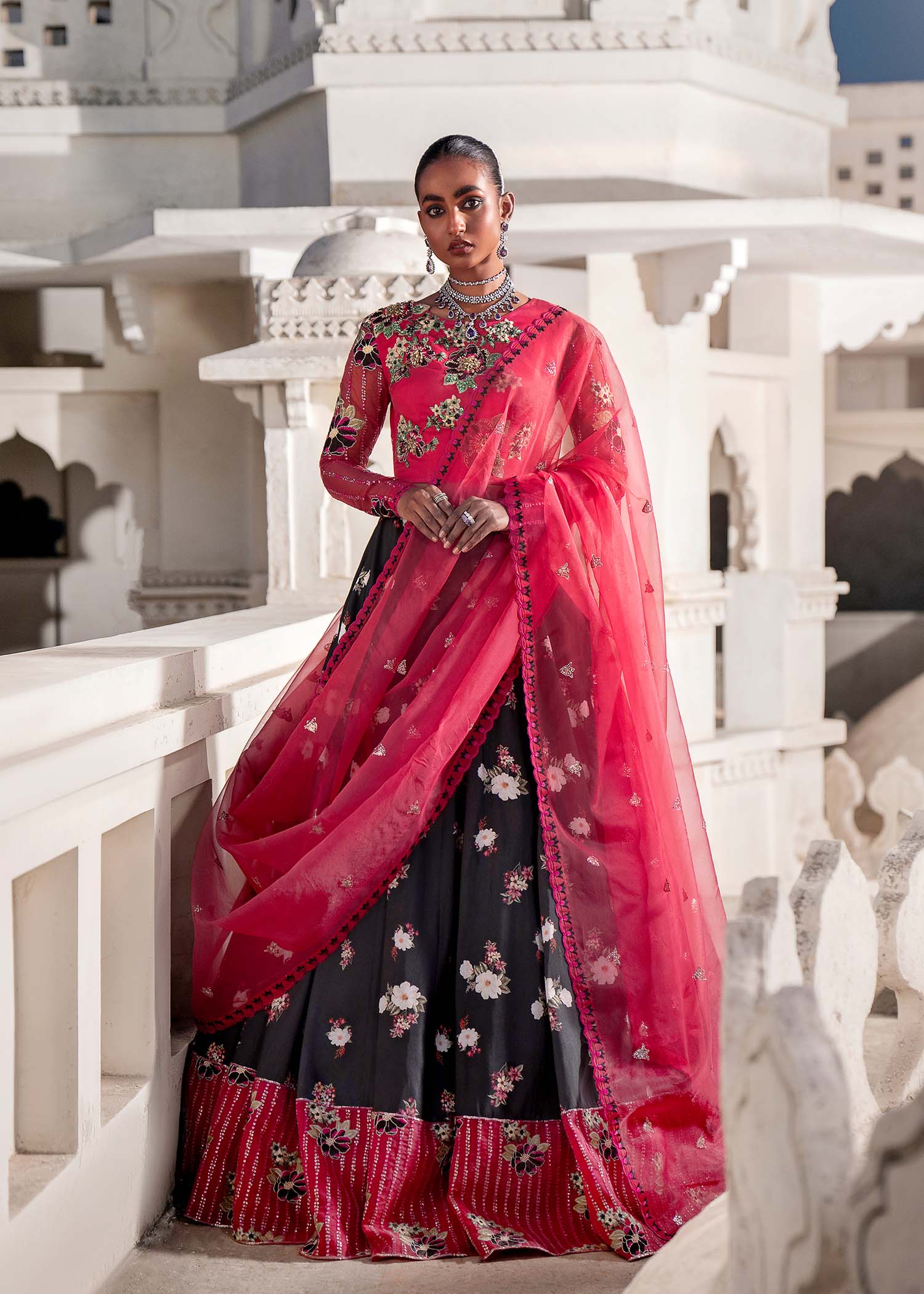 Crimson & Black Embroidered Organza Silk Lehenga (3-Piece) - Image 2
