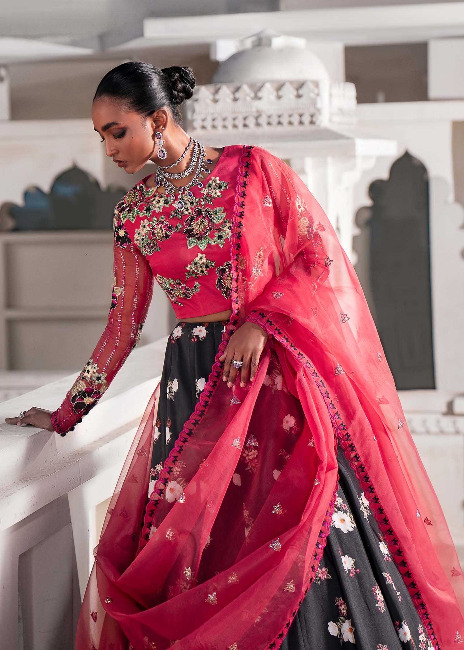 Crimson & Black Embroidered Organza Silk Lehenga (3-Piece) - Image 3