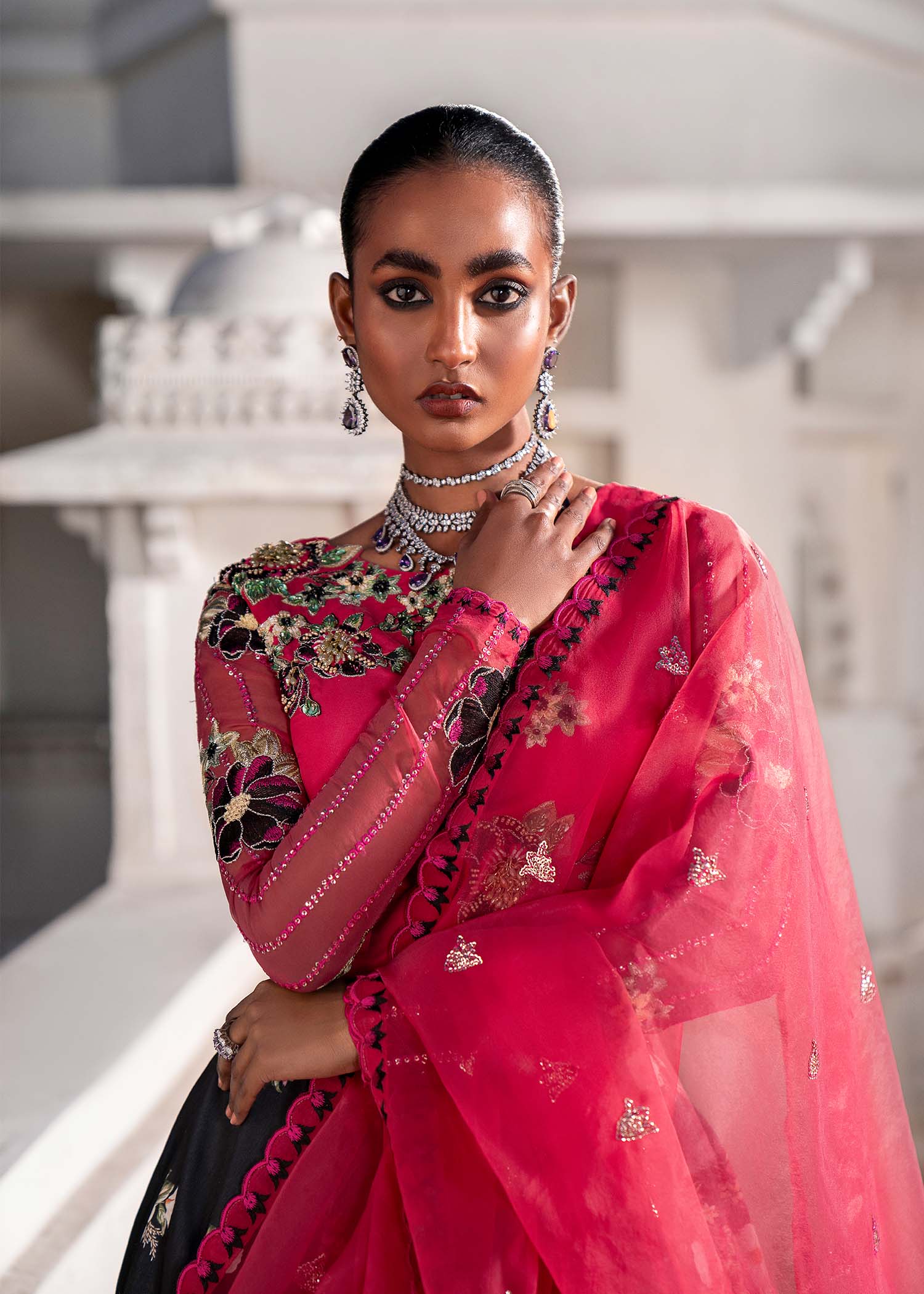 Crimson & Black Embroidered Organza Silk Lehenga (3-Piece) - Image 4