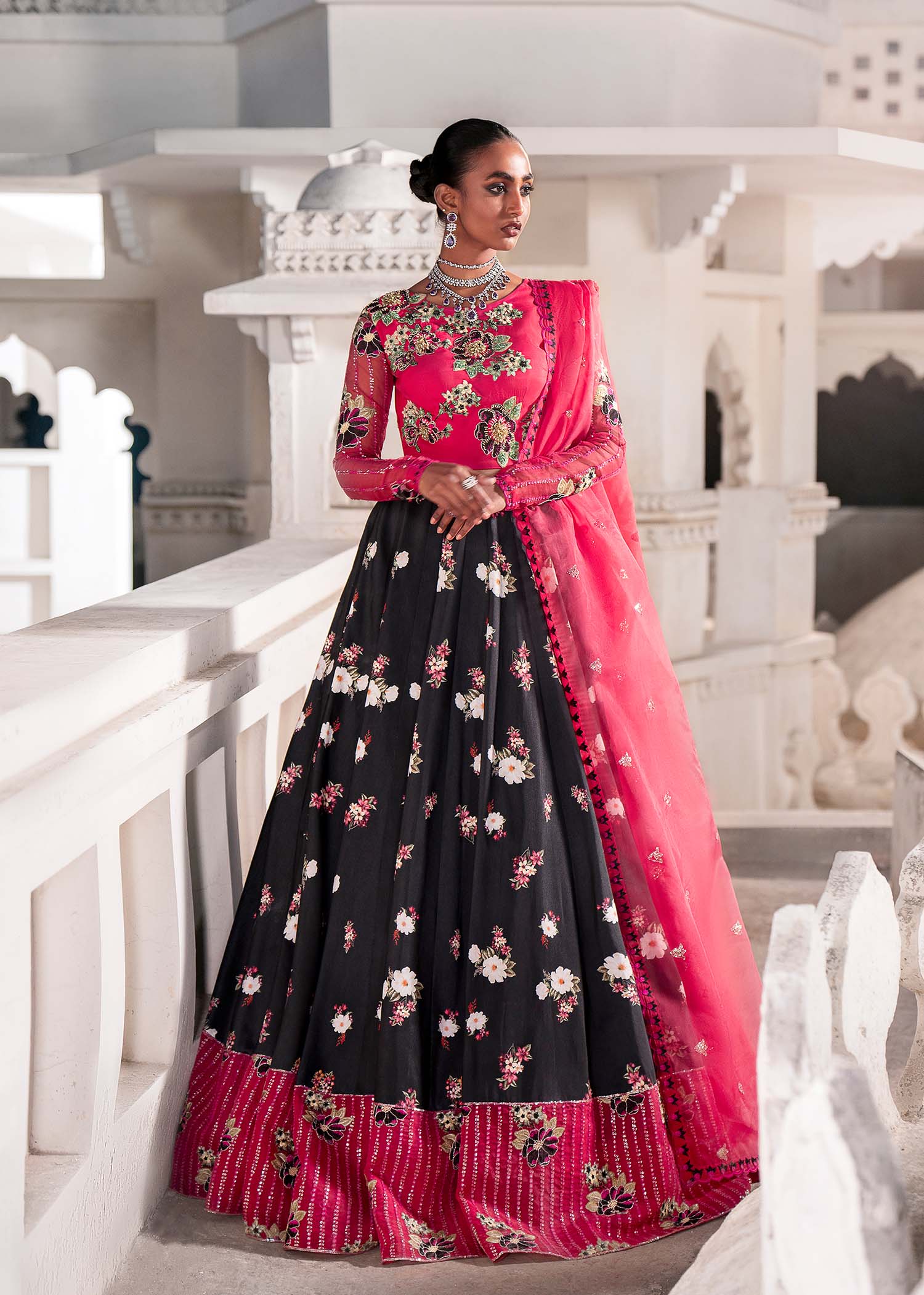 Crimson & Black Embroidered Organza Silk Lehenga (3-Piece) - Image 5