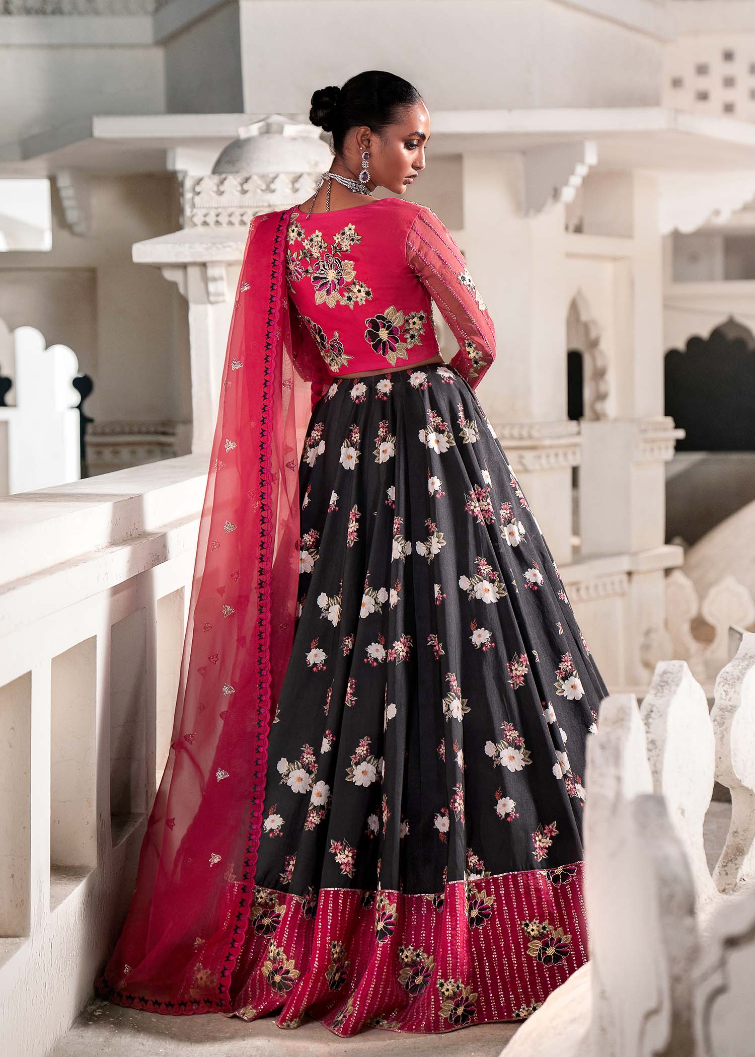 Crimson & Black Embroidered Organza Silk Lehenga (3-Piece) - Image 7