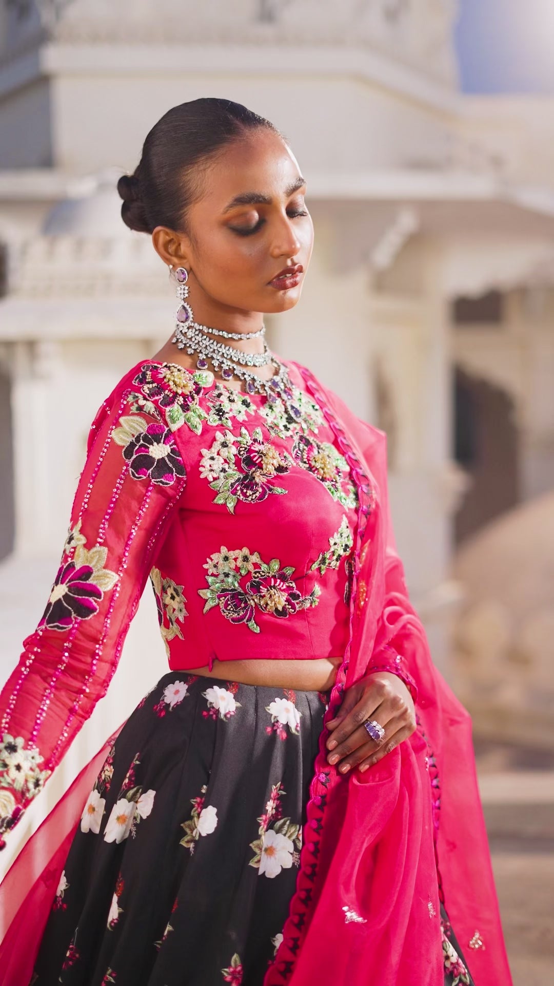 Crimson & Black Embroidered Organza Silk Lehenga (3-Piece) - Image 8